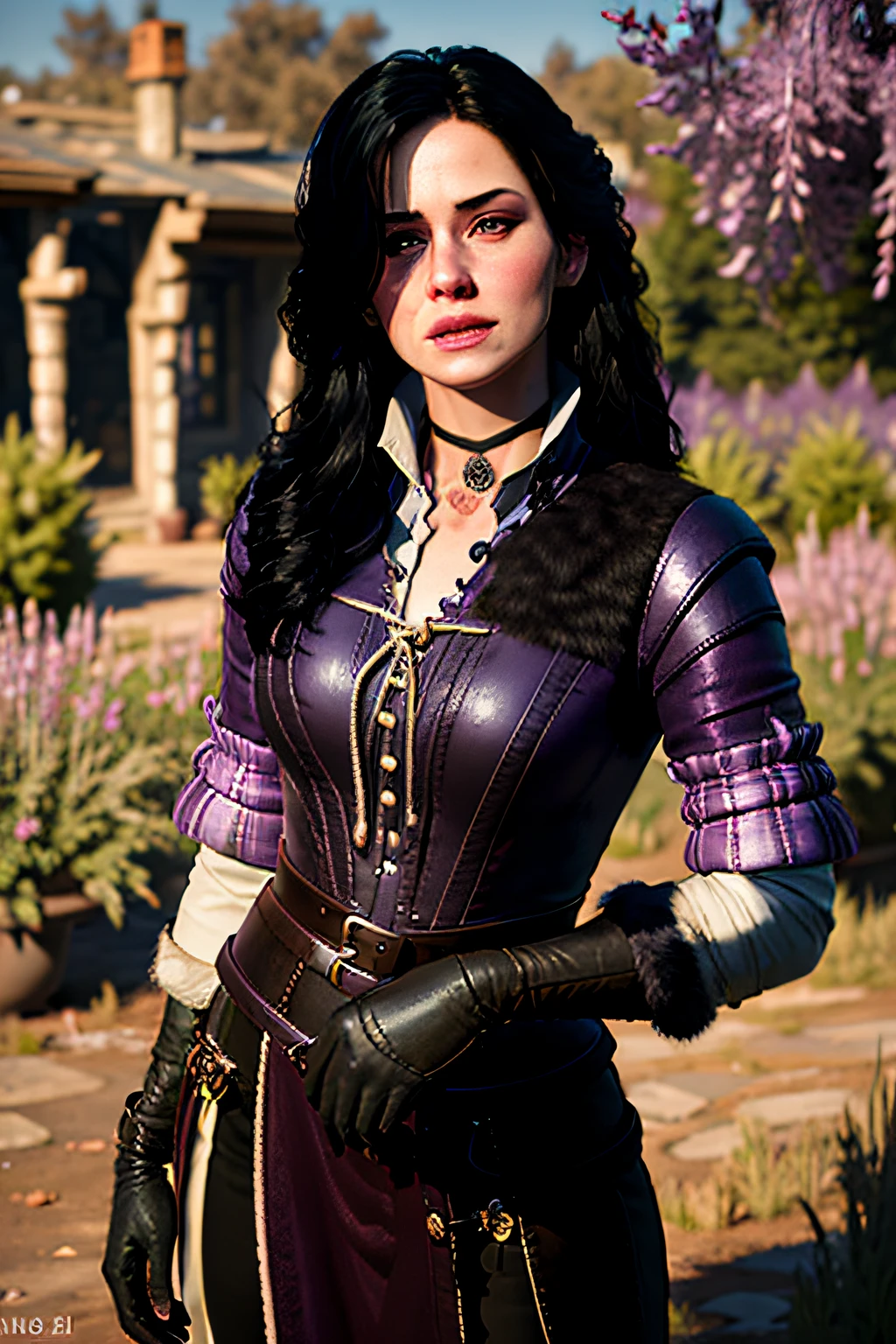 A portrait of yennefer wearing a lilac dress in the style of y3nn3f3r