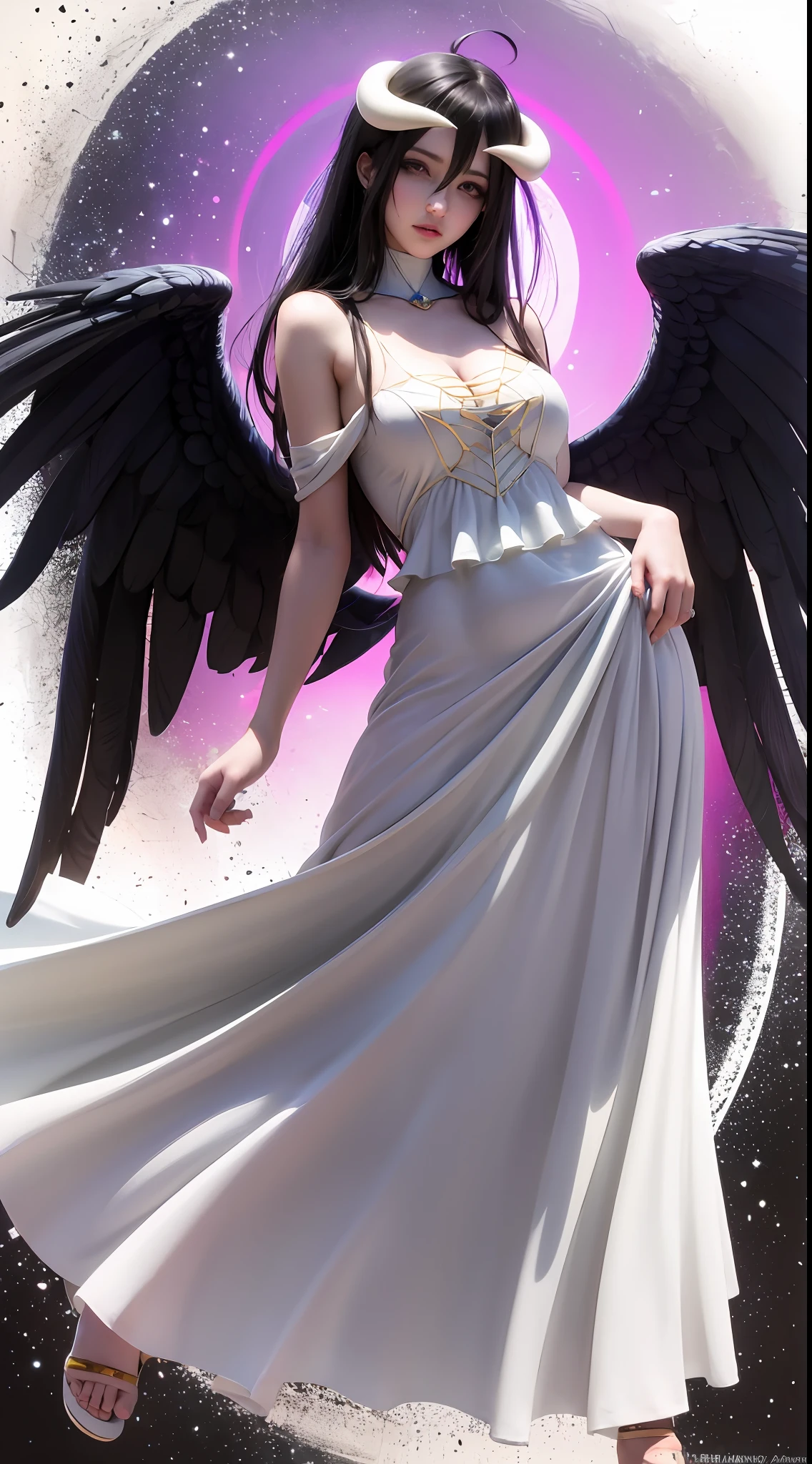 high quality, masterpiece, best quality, high art, albedo, solo, venusbody, al1, demon horns, slit pupils, White dress with tension