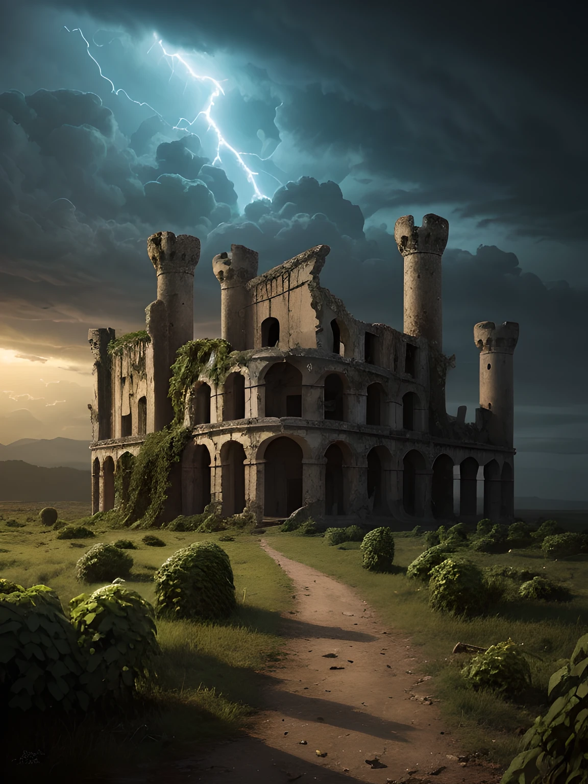 En medio de una noche de tormenta, lightning bolts, (((en la cima de un acantilado escarpado))), The ruins of a dark and majestic castle stand as a haunting reminder of a bygone era... Its crumbling walls and broken windows reveal a tragic story lost in time. La naturaleza ha comenzado a reclamar la fortaleza abandonada, with ivy-covered towers and trees growing within its walls. abandonado, desolado, tormentoso, tragic, antiguo, desgastado, misterioso, Altamente detallado, foco nítido, Obsesionante, Somber, atmospheric. Arte por Zoltan Boros, Gabor Szikszai y Clint Cearley. Dark and atmospheric illustrations, Post-apocalyptic landscapes. Pintura digital altamente detallada, foco nítido, Acabado mate, Dark and gloomy lighting.