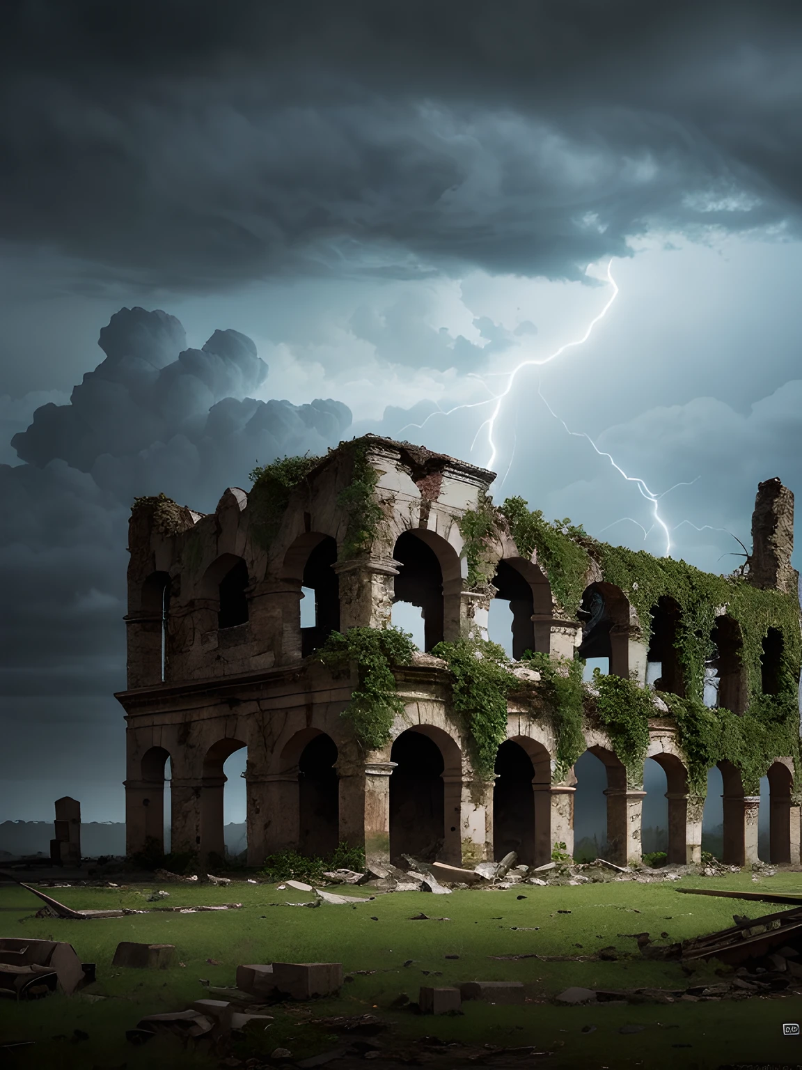 En medio de una noche de tormenta, lightning bolts, (((en la cima de un acantilado escarpado))), The ruins of a dark and majestic castle stand as a haunting reminder of a bygone era... Its crumbling walls and broken windows reveal a tragic story lost in time. La naturaleza ha comenzado a reclamar la fortaleza abandonada, with ivy-covered towers and trees growing within its walls. abandonado, desolado, tormentoso, tragic, antiguo, desgastado, misterioso, Altamente detallado, foco nítido, Obsesionante, Somber, atmospheric. Arte por Zoltan Boros, Gabor Szikszai y Clint Cearley. Dark and atmospheric illustrations, Post-apocalyptic landscapes. Pintura digital altamente detallada, foco nítido, Acabado mate, Dark and gloomy lighting.
