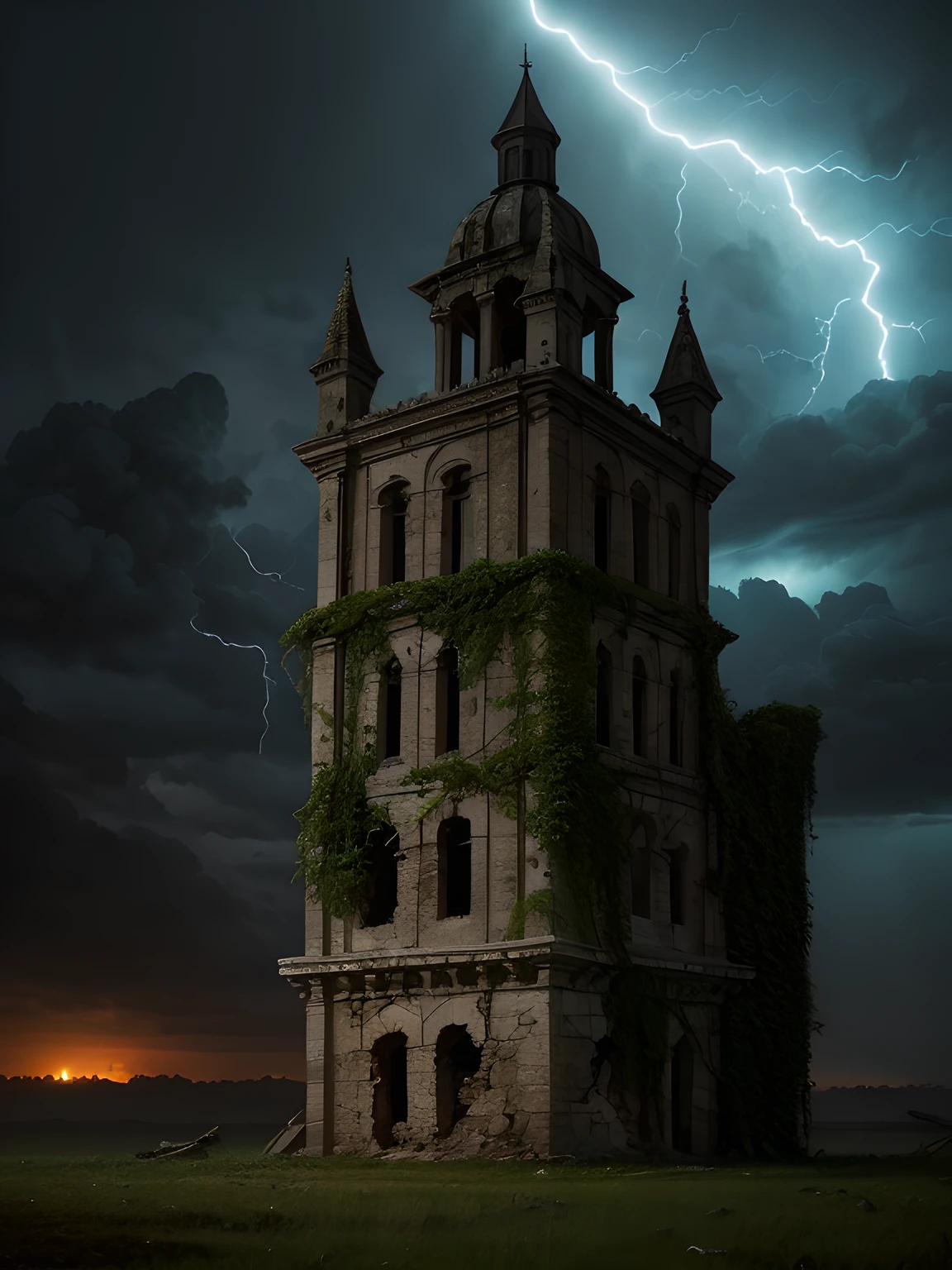 En medio de una noche de tormenta, lightning bolts, (((en la cima de un acantilado escarpado))), The ruins of a dark and majestic castle stand as a haunting reminder of a bygone era... Its crumbling walls and broken windows reveal a tragic story lost in time. La naturaleza ha comenzado a reclamar la fortaleza abandonada, with ivy-covered towers and trees growing within its walls. abandonado, desolado, tormentoso, tragic, antiguo, desgastado, misterioso, Altamente detallado, foco nítido, Obsesionante, Somber, atmospheric. Arte por Zoltan Boros, Gabor Szikszai y Clint Cearley. Dark and atmospheric illustrations, Post-apocalyptic landscapes. Pintura digital altamente detallada, foco nítido, Acabado mate, Dark and gloomy lighting.