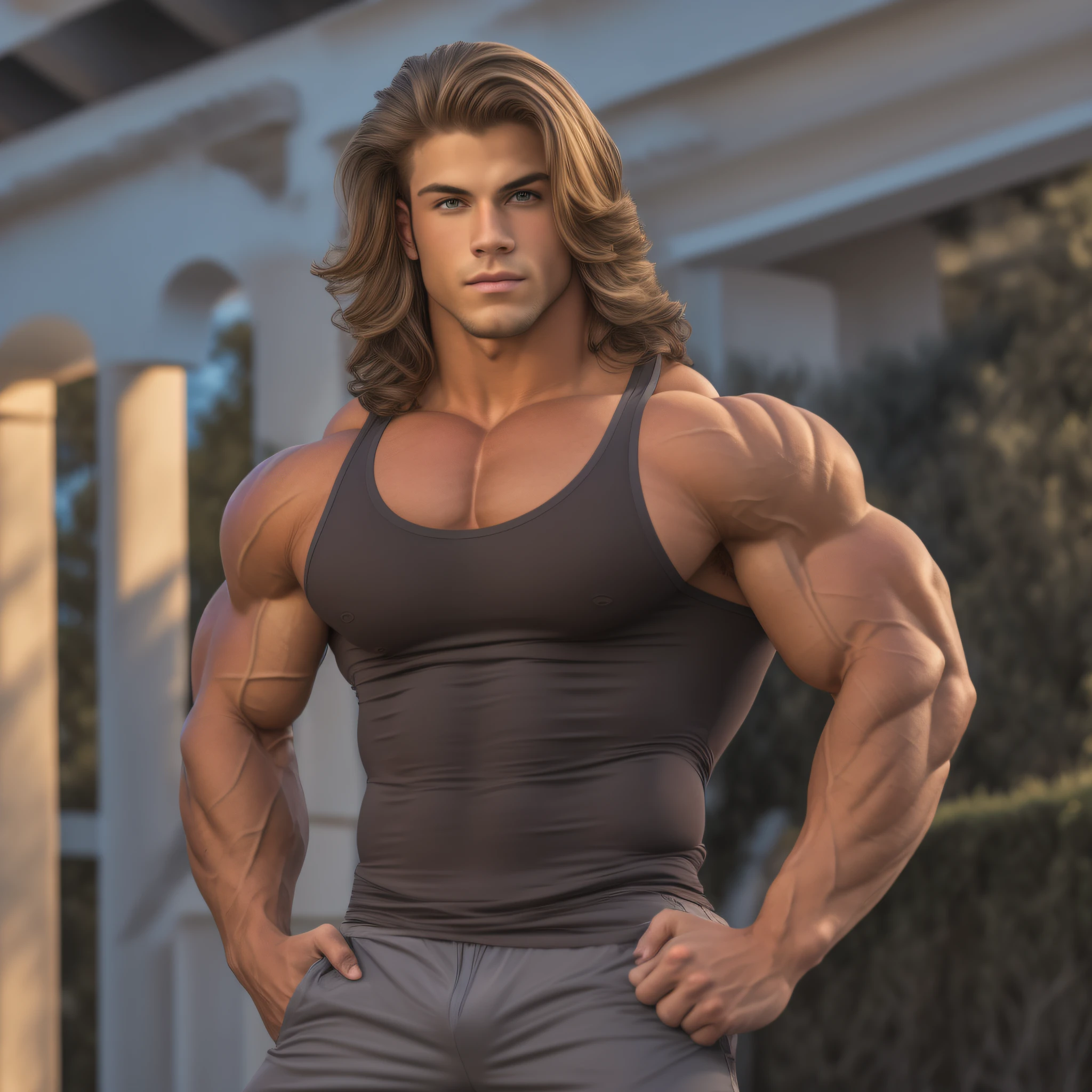 Solo Swoll, super buff and cool 18-year-old boy bodybuilder, embodying the perfect fusion of Joey Lawrence and Cody Calafiore with long hair, pecs swelling with arrogance, exuding masculinity and confidence, Enhanced with HDR technology, this image depicts a true masterpiece, flawlessly rendered anatomy, 4K resolution, poolside photoshoot in the style of Muscular Development Magazine, outdoor lighting, real shadows and reflections