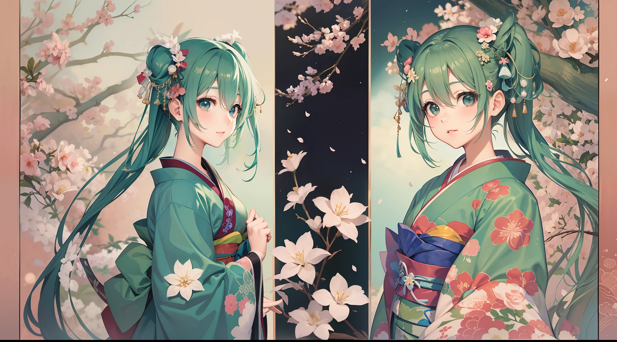 Generate a magnificent picture depicting Hatsune Miku in a beautiful kimono。Creates a friendly atmosphere。
