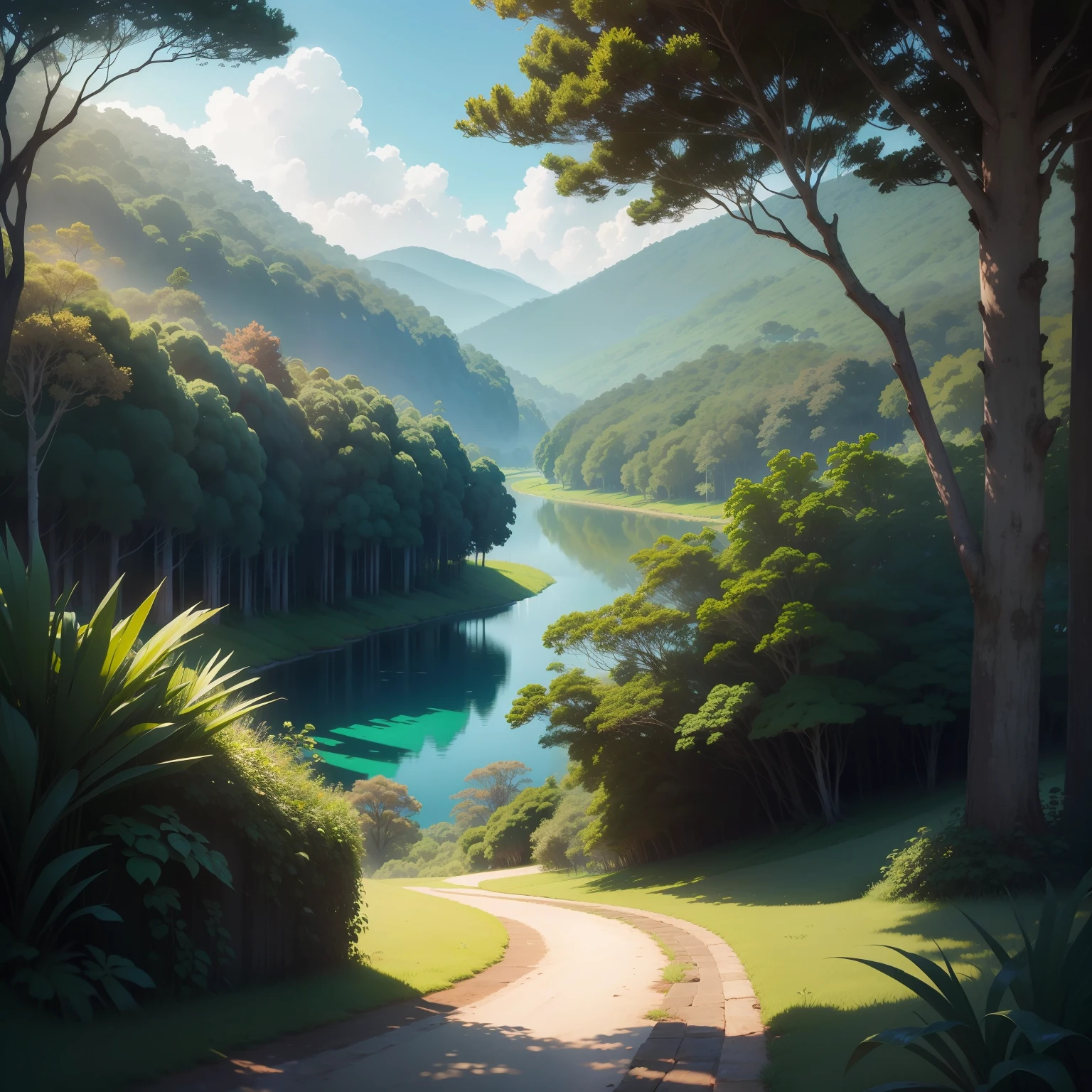floresta na mata atlantica, com rios, ao nascer do dia, sol aparecendo, com nuvens ao fundo. estilo desenho animado.