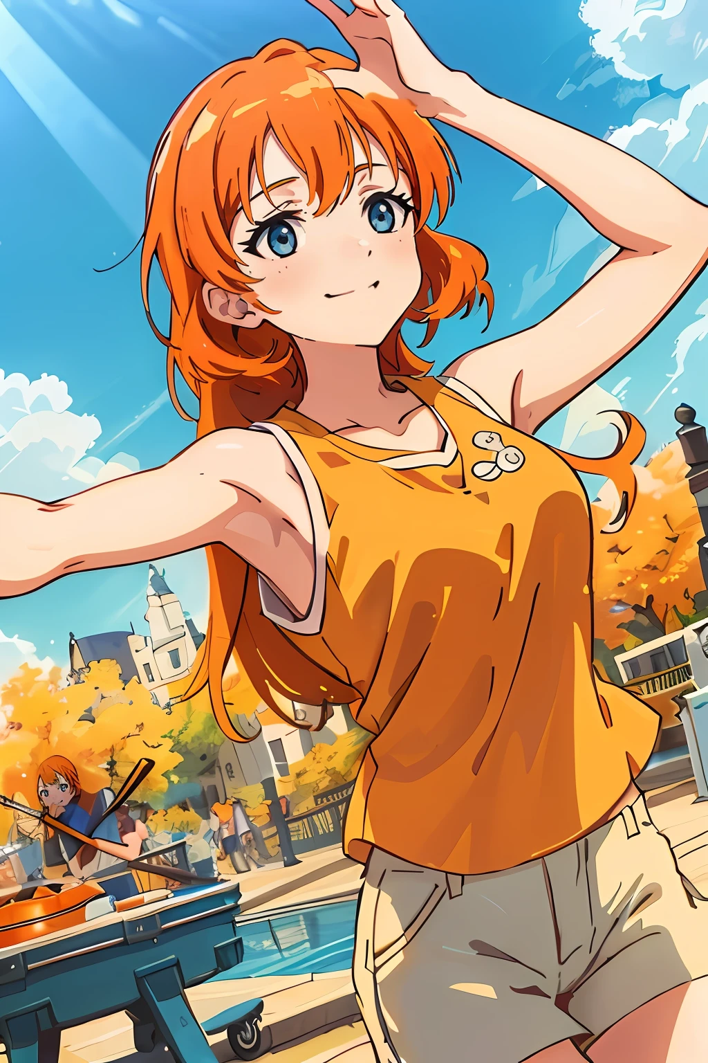 (highres, best quality:1.2), 1girl, radiance, soft contours, beautiful drawing, upper body, concept art, eyelashes, kyoani hyouka style, detailed background, bright colors,
charlotte e. yeager, (long orange hair), smile, sleeveless shirt, sport, open arms, ((blue eyes)),
 outdoors, summer, sports court, blue sky, sunny day,