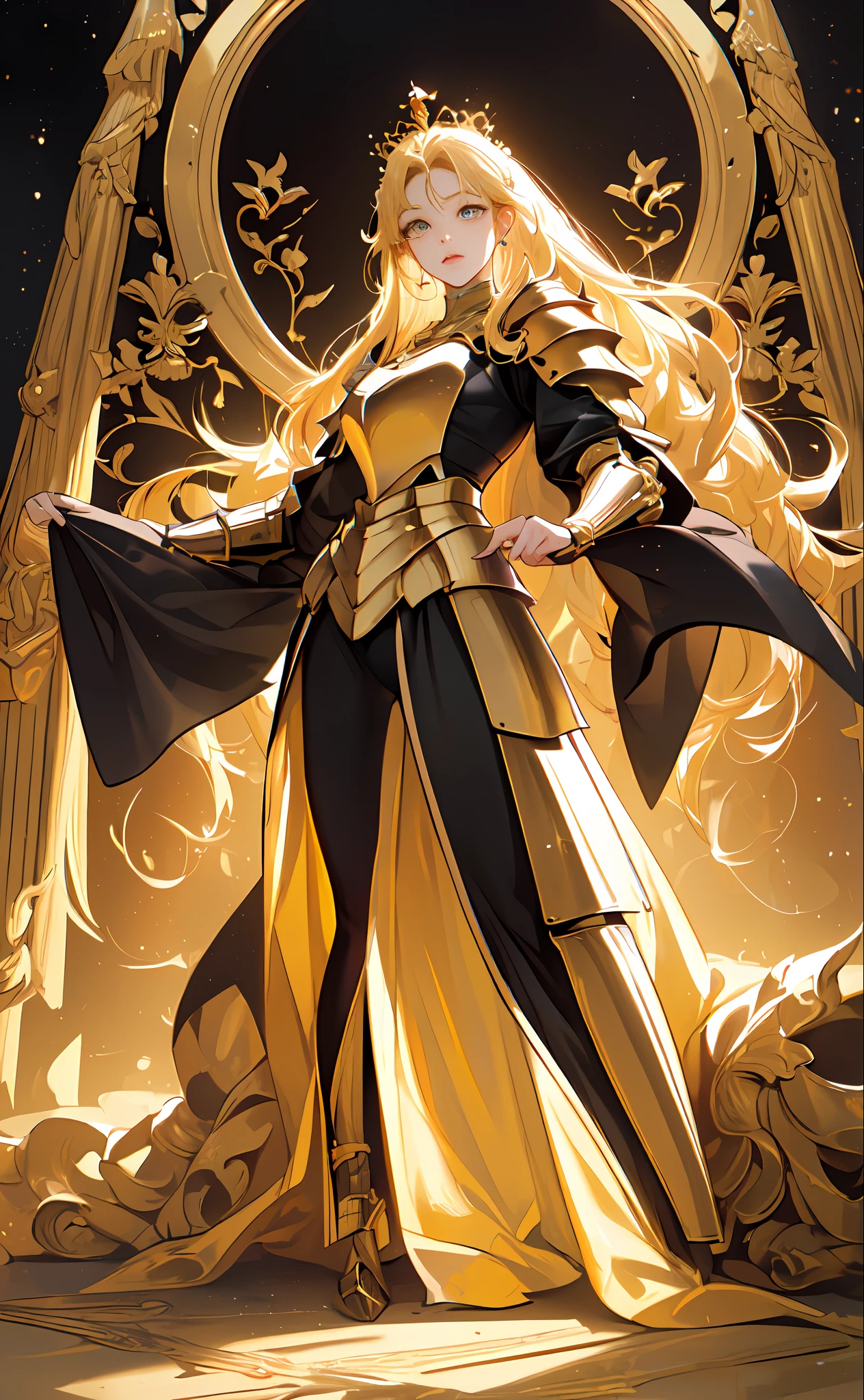 (hight resolution、masterpiece、side lights、Beautiful Eyes of Details:1.2)、3D顔、realisitic、face perfect、Golden hair、Queen of Armor、s Armor、His Majesty the Emperor、Absolute monarch、dignity、awe、Black and Gold theme、full body Esbian