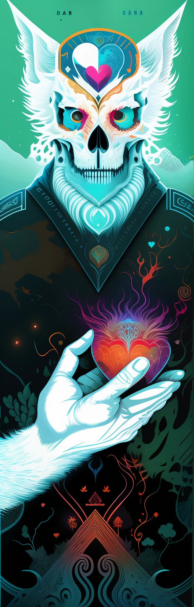 Wolf skull, Man holding heart, Dan Mumford with Alex Gray style, Dan Mumford's Tom Bagshaw image, Dan Mumford style artwork inspiration, full color digital illustration, psychedelic organic cyborg, Insanity artwork, Dan Mumford style, psychedelic cosmic horror, Science-fi digital art illustration。