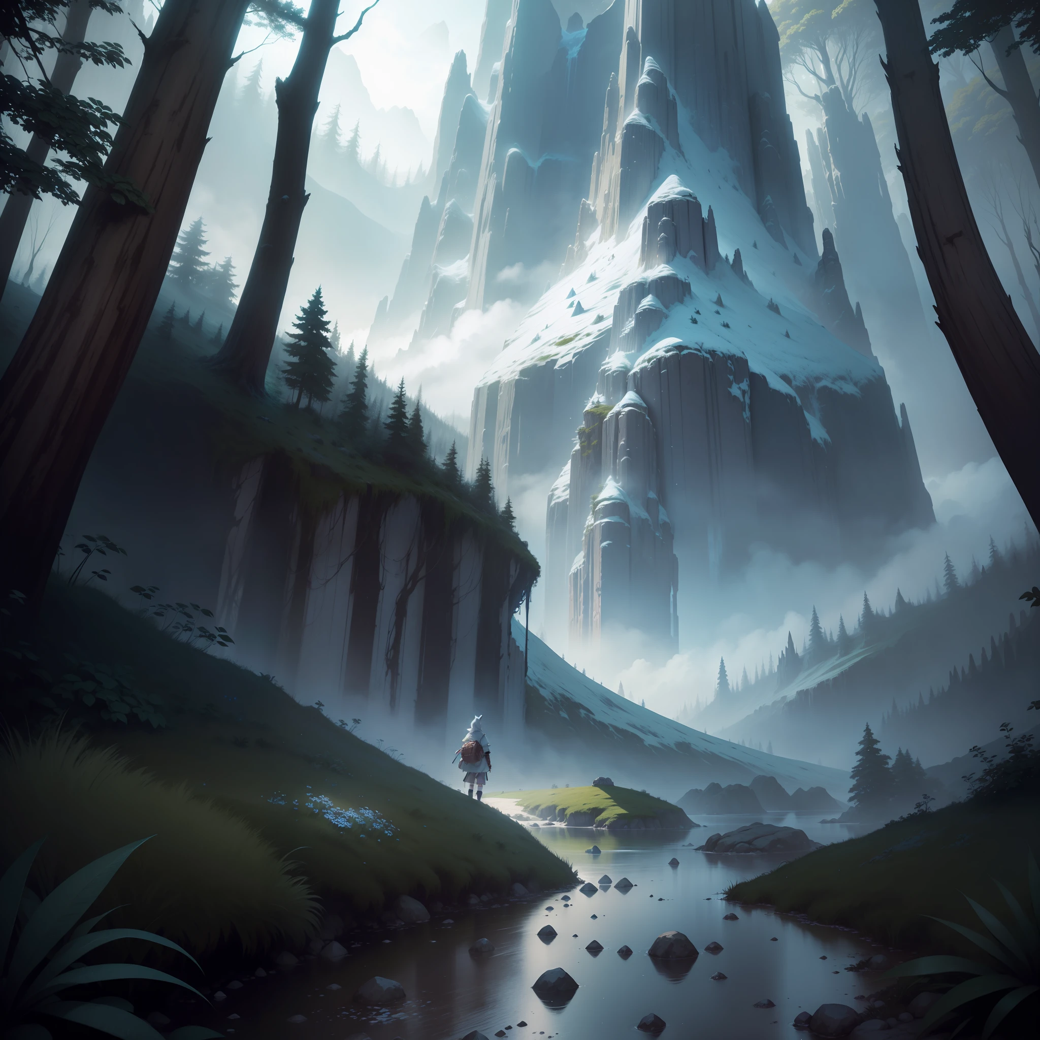 classicnegative portrait photo, fantasy video game character concept art, a cute white fluffy rabbit wearing a small brown leather backpack looking at a map hiking through a forest, dungeons and dragons, fantasy, river, haze, halation, bloom, dramatic atmosphere, 1970s dark fantasy movie, centred, rule of thirds