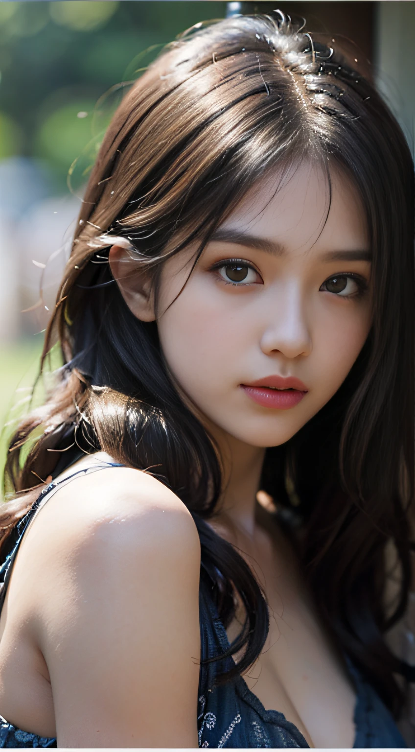 Film Portrait Photography、1girl、30-years old、bare shoulders、wavy shoulder length hair、calm、calm、(Realistic detailed eyes、natural skin textures、Realistic face details)、Soft dramatic lighting、depth of fields、bokeh dof、vibrant detail、detaile、A hyper-realistic、35mm film、Blurring