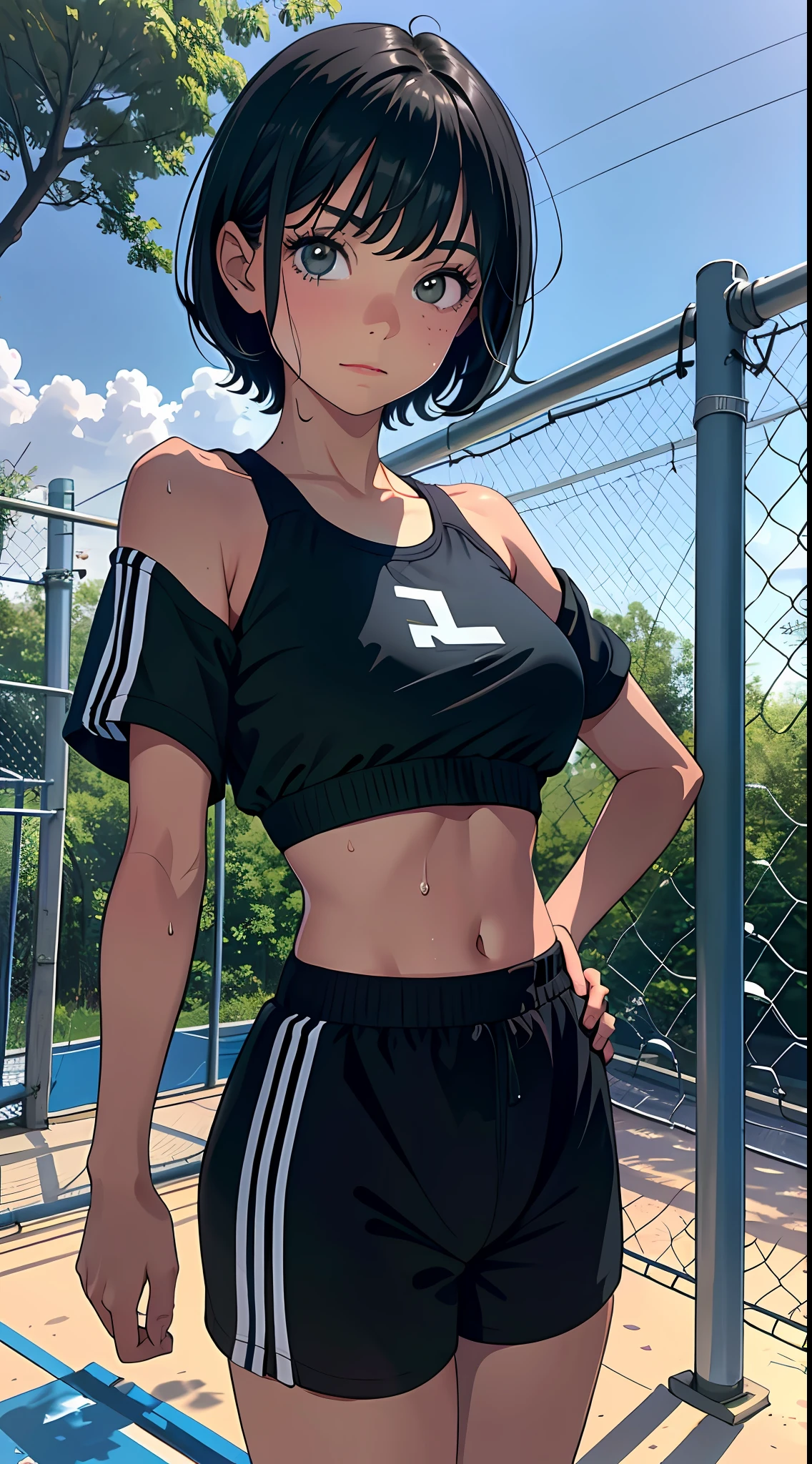 Best quality at best,tmasterpiece,1girll,ars old,chilh short black hair,big breasts beautiful,looking at viewert,ssmile,track suit,jogging,Off-the-shoulder attire,perspire,scowling,sweat shorts,Sports bra,Bust photo,sportrait,School playground