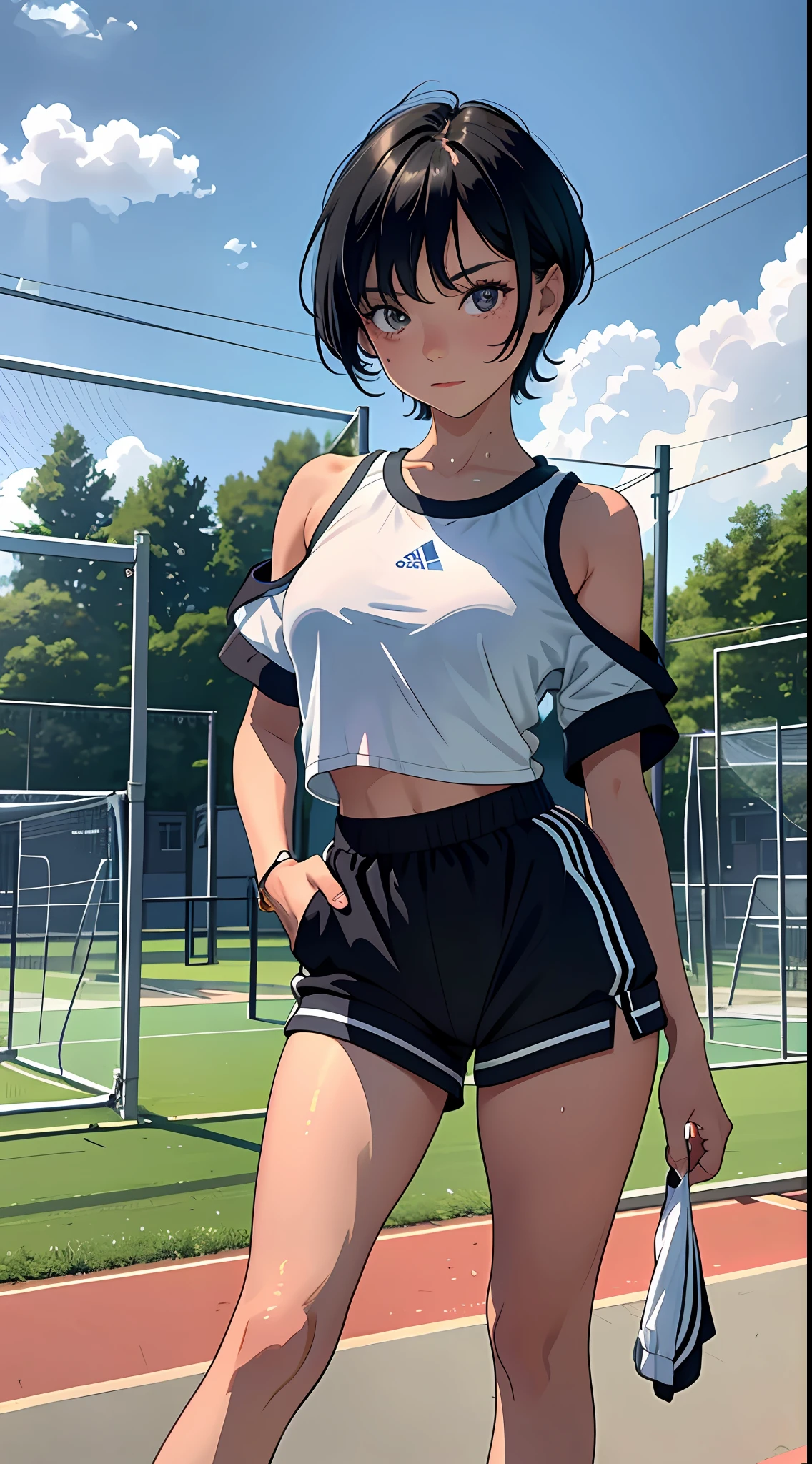 Best quality at best，tmasterpiece，1girll，10years old，child，with short black hair，big breasts beautiful，looking at viewert，ssmile，track suit，jogging，Off-the-shoulder attire，perspire，scowling，sweat shorts，Sports bra，Bust photo，sportrait，School playground