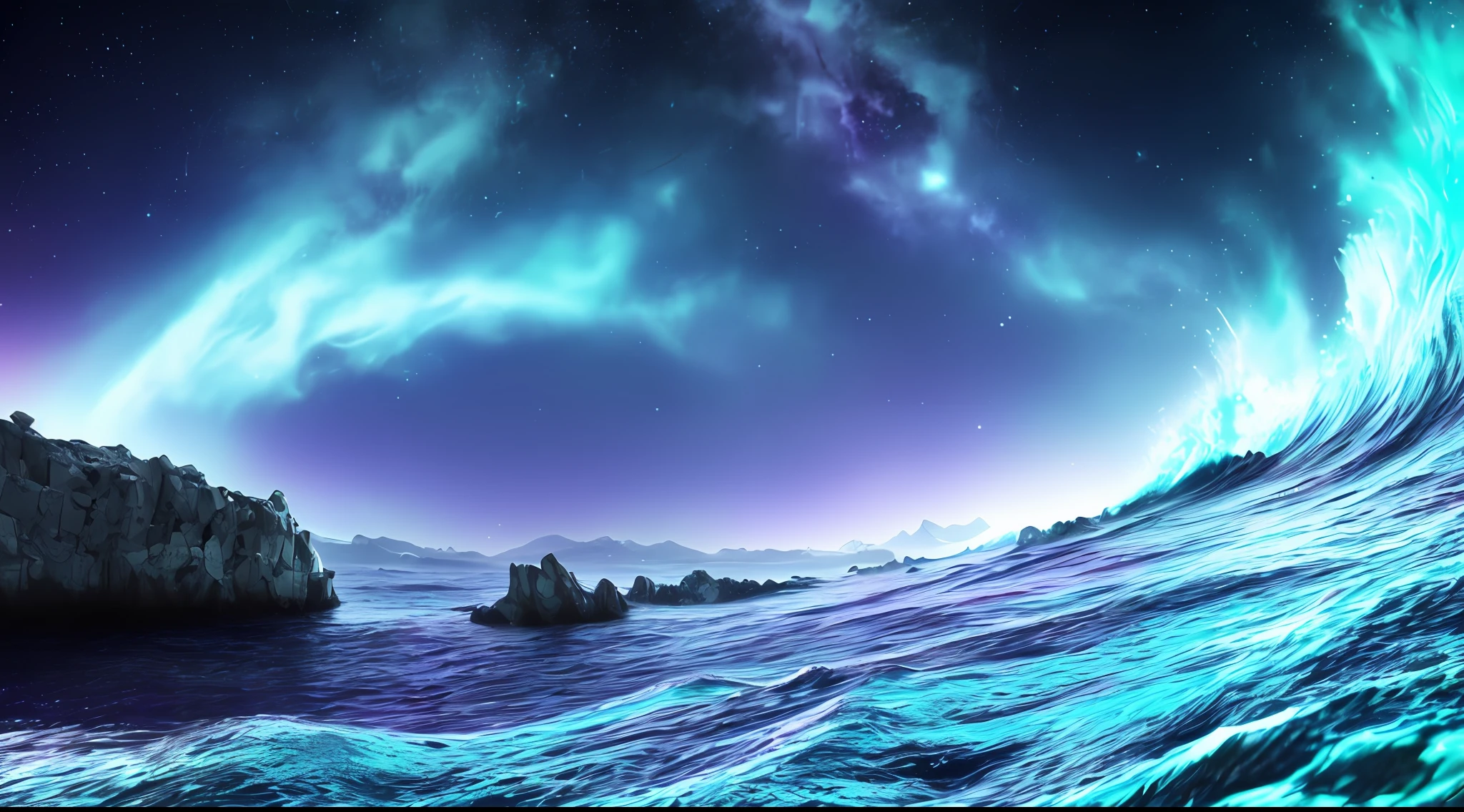 Smooth rolling waves (Blue ocean) outside on an alien planet, Beautiful transparent water, Night, Huge fish jumping from the waves, Spots of iridescent plankton in water, Sparkling water spray, The background is a deep purple sky dotted with stars, Unknown constellations in the sky, (Multiple satellites of random color:1.2), Glowing horizon, Masterpiece, Best quality, detailed 4K wallpaper, award winning art, Bokeh, Depth of field, hdr, full bloom, color difference, Extremely detailed, trending on artstationh, trending on CGSociety, Dramatic