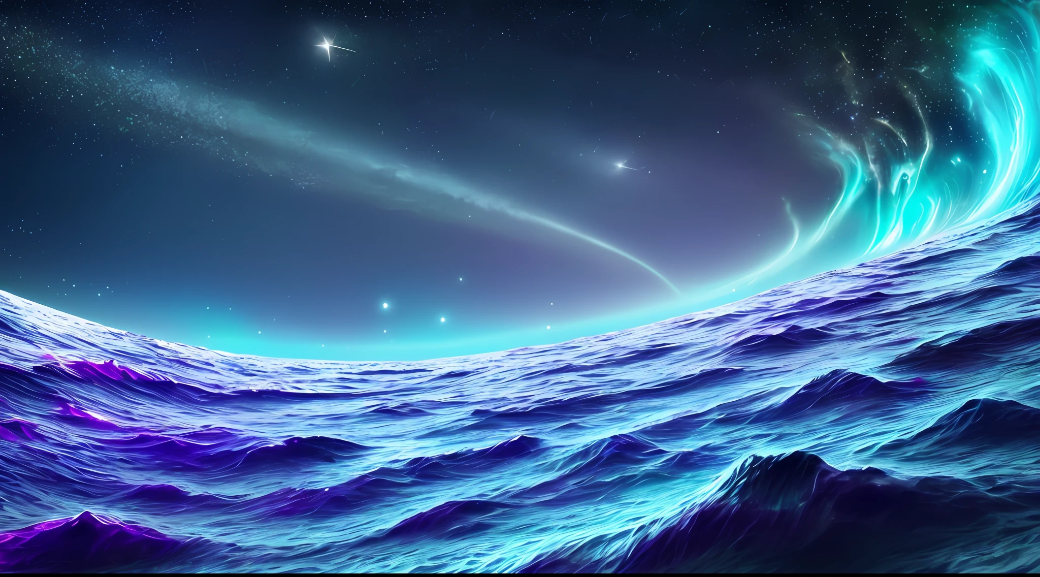 Smooth rolling waves (Blue ocean) outside on an alien planet, Beautiful transparent water, Night, Huge fish jumping from the waves, Spots of iridescent plankton in water, Sparkling water spray, The background is a deep purple sky dotted with stars, Unknown constellations in the sky, (Multiple satellites of random color:1.2), Glowing horizon, Masterpiece, Best quality, detailed 4K wallpaper, award winning art, Bokeh, Depth of field, hdr, full bloom, color difference, Extremely detailed, trending on artstationh, trending on CGSociety, Dramatic