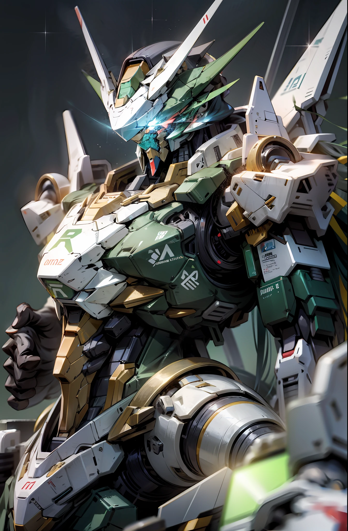 Bokeh, attack, concise, 8k wallpaper, robot, eyes glowing cross blue, mecha, Dapeng spreading its horns, holding a reaper slashing at the target, emerald, green, bison Gundam, animal Gundam, look at camera, (half body), ((beast))