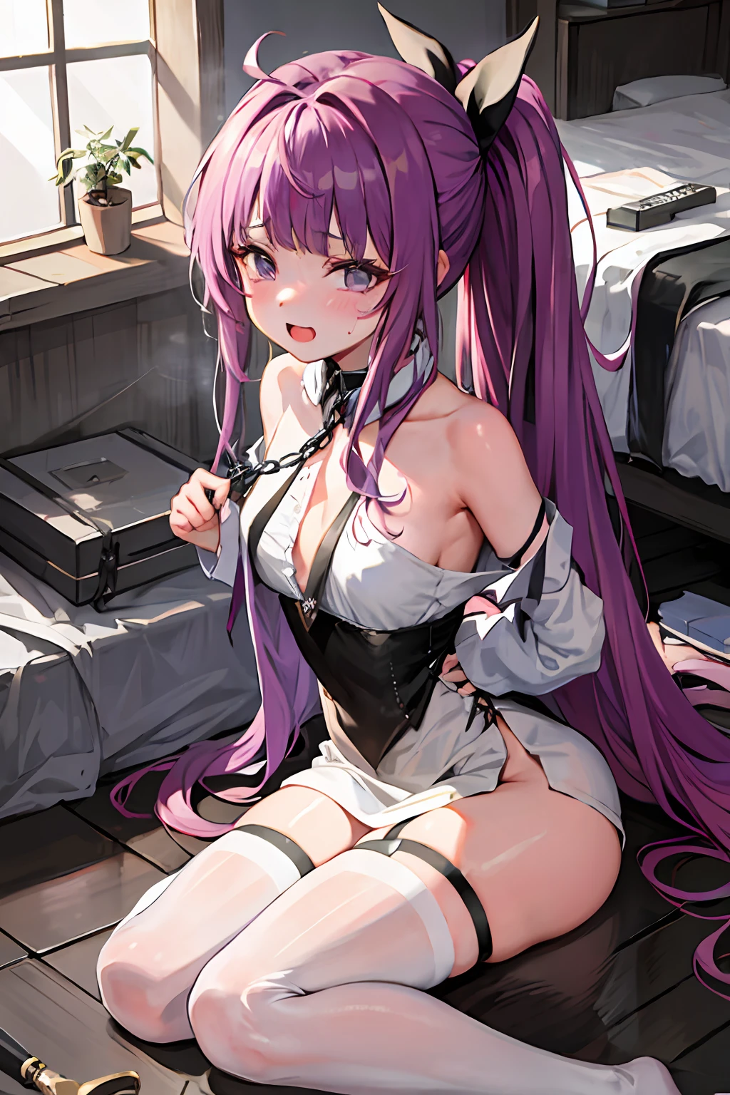 masterpiece,1girl,solo, purple hair, metal collar, tears,cry,tearing up, white legwear, chain leash,bent over, high ponytail, center opening:1.2,torn clothes, ahegao, wet,chains,torn legwear, torn clothes, bare shoulders,