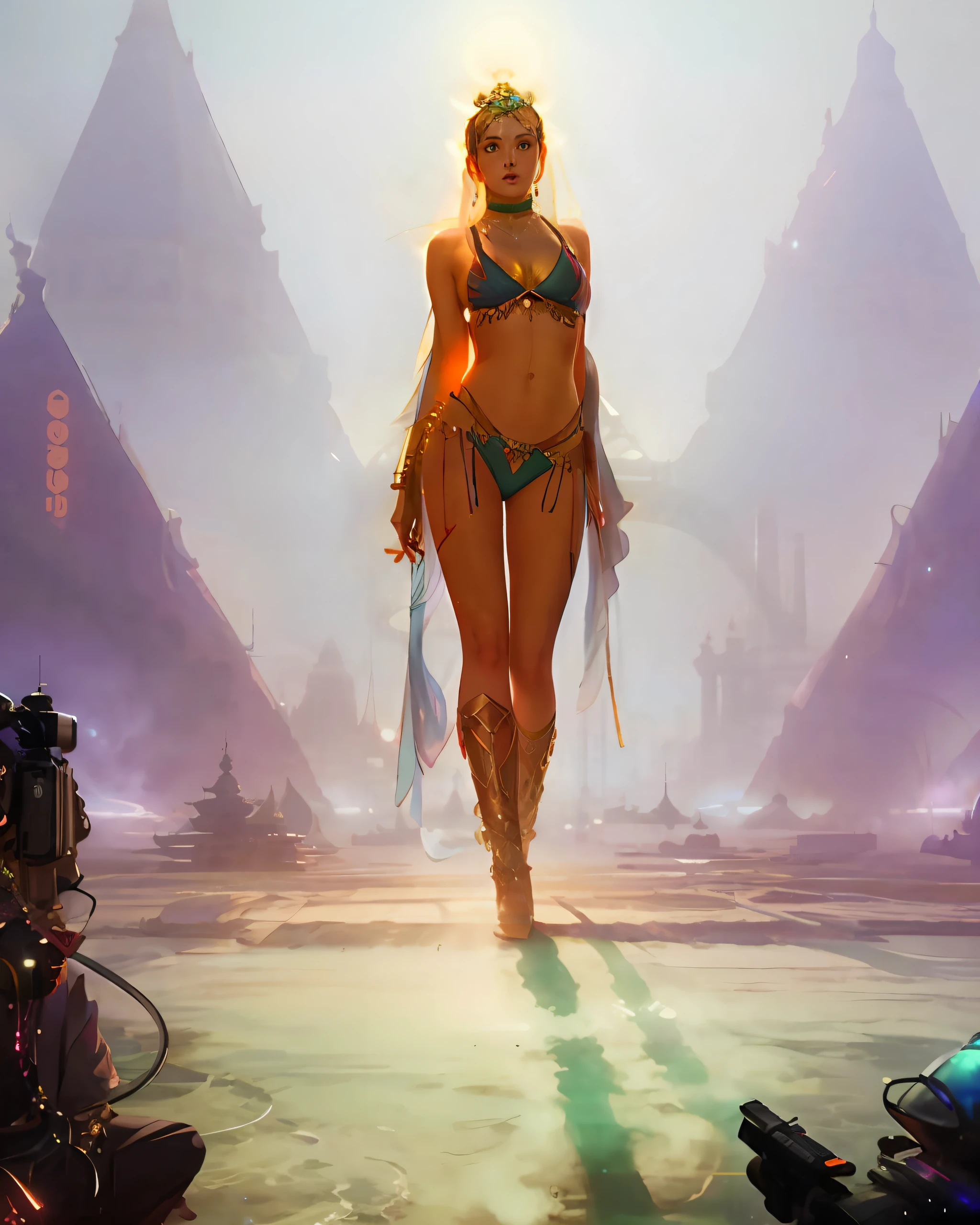 Bikini-clad woman walking on a stage with a camera, Fantasia sombria cyberpunk sedutora, CGSsociety, impressionante;, Moebius + Loish + WLOP, karol bak uhd, Rossdraw e Boris Vallejo, Arte de Wlop e Greg Rutkowski, Arte conceitual CGSetry, bela arte conceitual de corpo inteiro, Deusa loira, clubes de strip cyberpunk