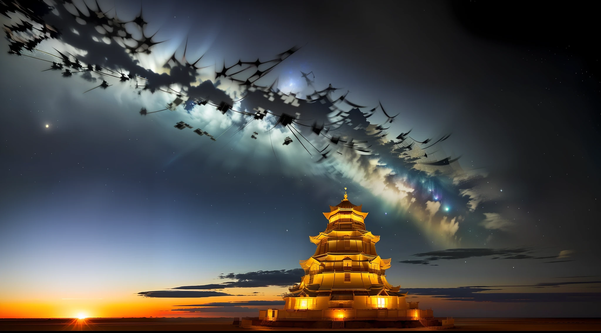 edd, Maitreya Bodhisattva,Maitreya, A huge golden Buddha statue sits in a room with blue ceiling and blue sky background with clouds, above_Clouds, Airship, aurora, bridge, Building, Castle, chimneys, City, City_lamp lights, Cityscape, clock, clock_Tower, Cloud, Cloudy_sky, constellation, Crescent_Moon, Desert, earth_\(planetes\), Fireworks, Floating_Island, fountain, milky ways, Glowing, house, Island, lamp post, lantern, Light_Particle, Milky_way, Moon, Mountain, Night, Night_sky, No_Humanity, planetes, scenery, Shooting_Star, sky, skylines, skyscraper, Snow, nevando, space, Star_\(sky\), Star_\(symbol\), Starry_sky, Starry_sky_print, Telescope, Tower, Town, Twilight, ships