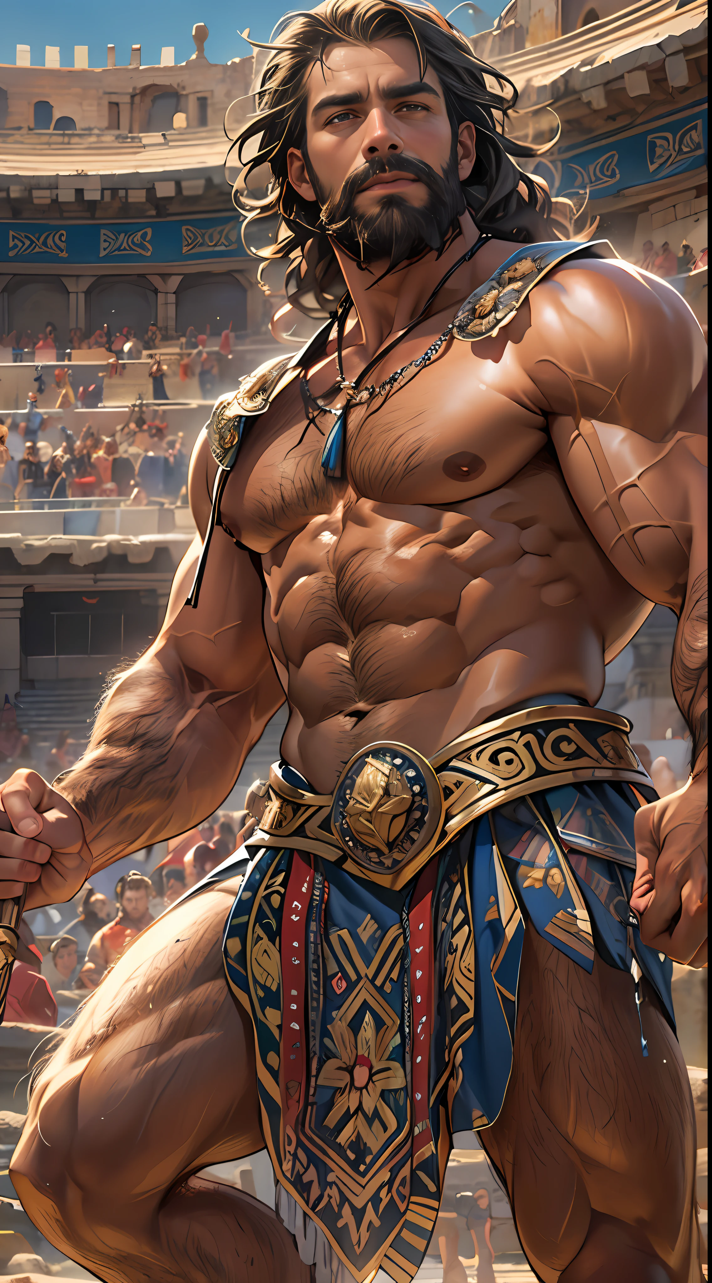 Muscular gladiator, upper body revealed, legs uncovered from thighs to feet, adorned with a beaded beard, flowing long curls, intricate muscular details, photorealistic artwork, 4K resolution. Background: Ancient Roman arena,32k uhd, best quality, masterpiece, super detail, high details