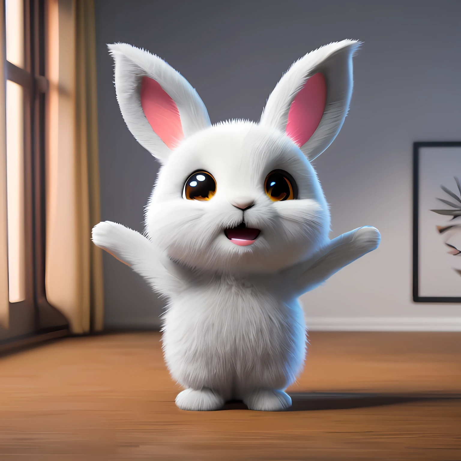 Cute adorable little bunny waving and smiling greeting me, unreal engine, cozy interior lighting, art station, detailed digital painting, cinematic, character design by mark ryden and pixar and hayao miyazaki, unreal 5, daz, hyper realistic, octane render, 3DMDT1