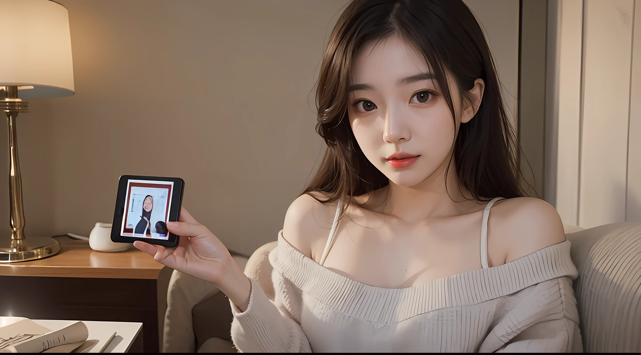 best qualtiy,tmasterpiece,超高分辨率,(photograph realistic:1.4),1个Giant Breast Girl,looking at viewert,Wear oversized off-the-shoulder knit underwear,Famous Korean actress,is very beautiful,kawaii,cinematic ligh,35mm lens,f / 1。8、emphasis lighting,8K,In luxury hotels ,Long-range shots,