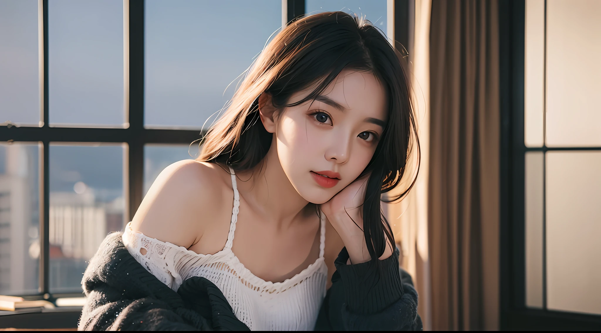 best qualtiy,tmasterpiece,超高分辨率,(photograph realistic:1.4),1个Giant Girl,looking at viewert,Wear oversized off-the-shoulder knit underwear,Famous Korean actress,is very beautiful,kawaii,cinematic ligh,35mm lens,f / 1。8、emphasis lighting,8K,In luxury hotels ,Long-range shots,