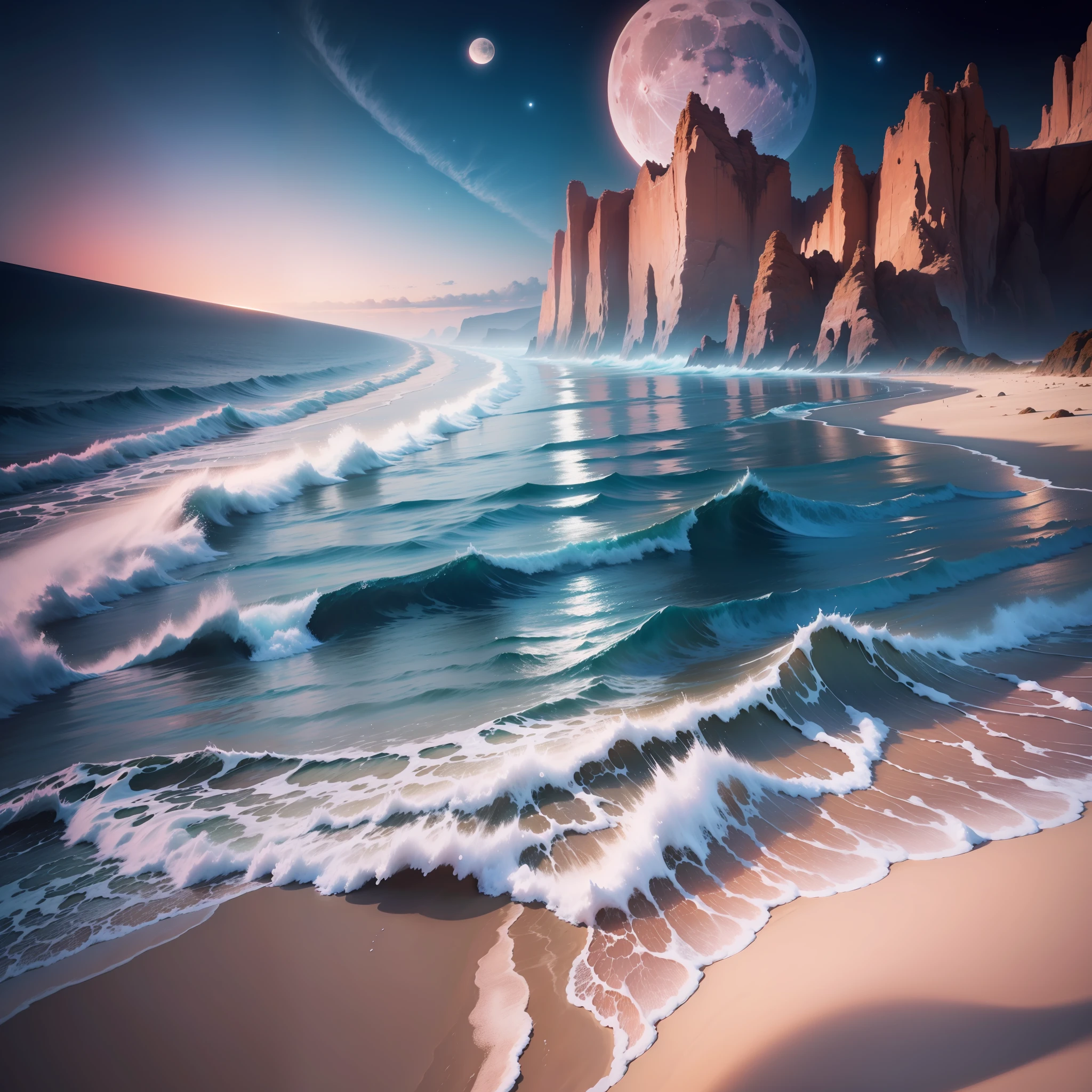 A painting of a beach,Pink full moon and some clouds,Magical beach(Some waves are heart-shaped,Some of the waves are roses),Sand white moon landscape,Surreal space,Magnificent background,Beautiful images have been created,universe in a grain of sand,Magical sea blue water drops,detailed dreamscape,The pink glow of the moon,Beautiful breathtaking dreamer,In the starlight plane) ),stunning screensaver,beautiful space,beautiful moon light