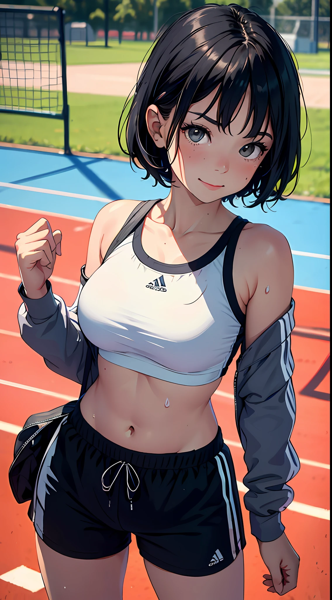 Best quality at best，tmasterpiece，Top-down view，1girll，ars old，chilh short black hair，big breasts beautiful，looking at viewert，ssmile，track suit，jogging，Off-the-shoulder attire，perspire，scowling，sweat shorts，Sports bra，Bust photo，sportrait，School playground
