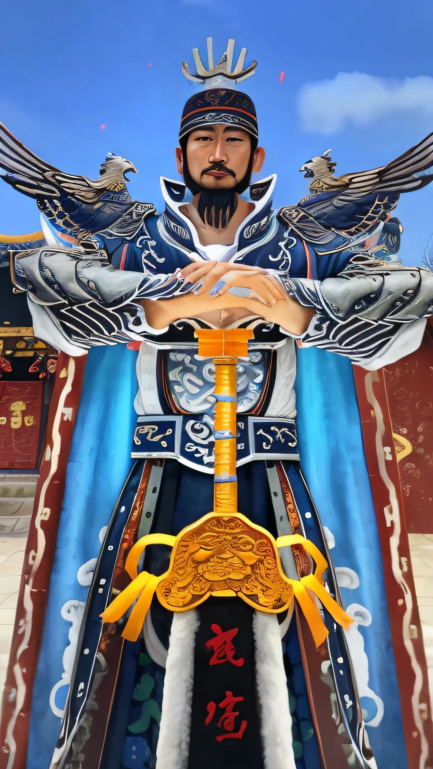 Close-up of a statue of a man holding a sword, cotton cloud mage robes, Inspiration: Huang Shen, cloud mage robes+Inspired by Hu Zaobin, taoist robe+Inspired by Cao Zhibai, god emperor, Photo of male clergy+Inspiration Li Gonglin, heise jinyao.