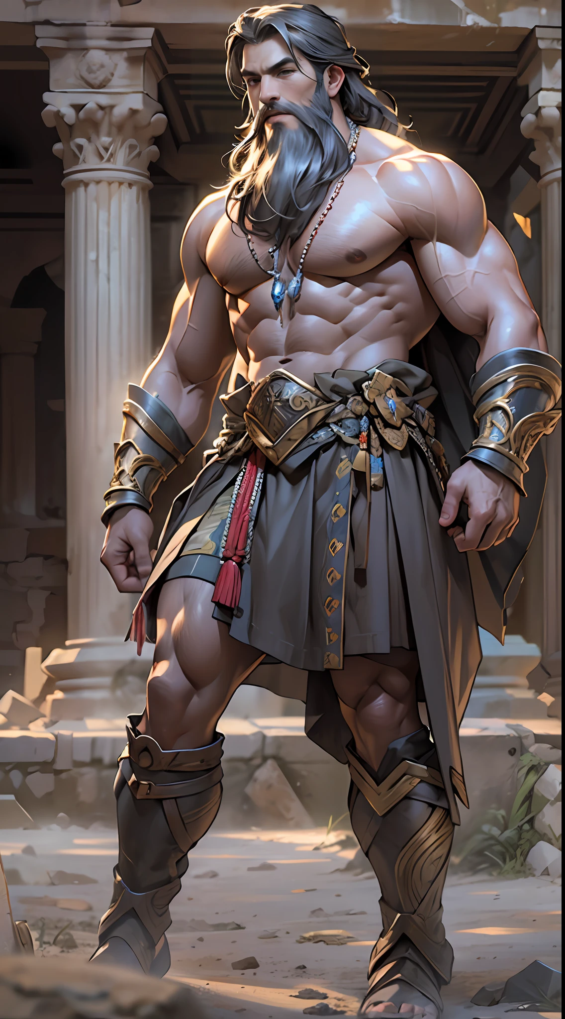 Sculpted hero, upper body uncovered, legs exposed from thighs to feet, bearded with beaded facial hair, luxuriant long curls, intricate muscularity, photorealistic portrayal, 4K resolution. Background: Epic battlefield with ancient ruins.,32k uhd, best quality, masterpiece, super detail, high details