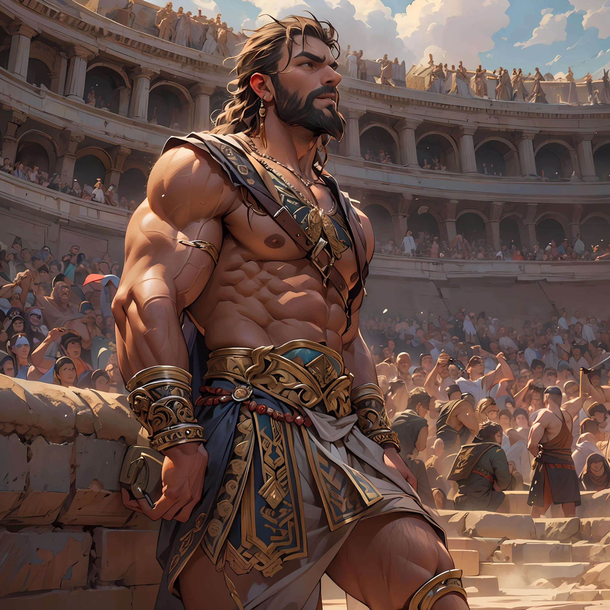 Muscular gladiator, upper body revealed, legs uncovered from thighs to feet, adorned with a beaded beard, flowing long curls, intricate muscular details, photorealistic artwork, 4K resolution. Background: Ancient Roman arena,32k uhd, best quality, masterpiece, super detail, high details