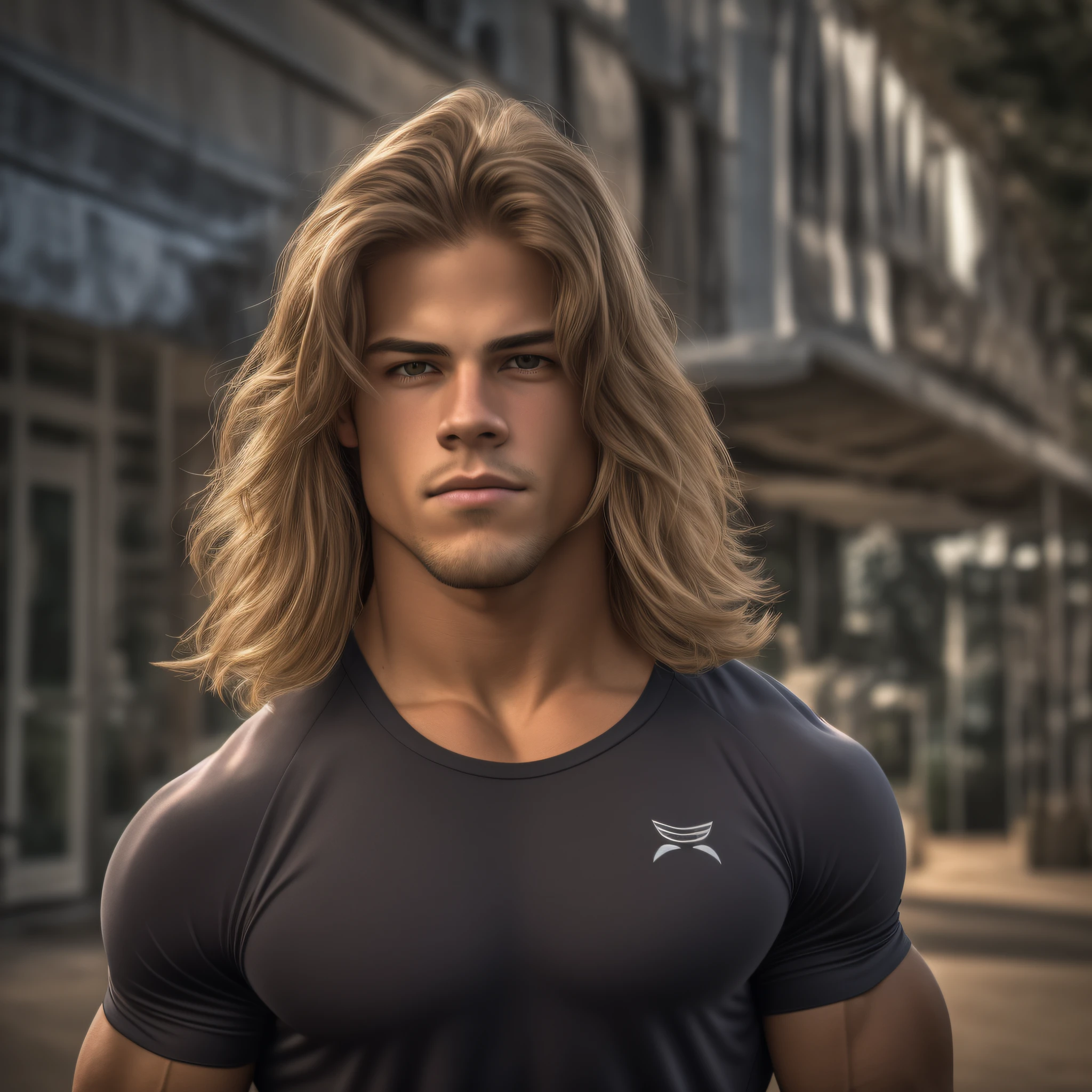 Super buff and cool 18 year old boy physique competitor, embodying the perfect fusion of Joey Lawrence and Cody Calafiore and Dominick Niccolai with long hair, arrogantly displaying his swoll pecs with a conceited smirk, Enhanced with HDR technology, this image depicts a true masterpiece, 4K resolution, in the style of furious fotog, outdoor lighting, light reflections, athletic-inspired attire