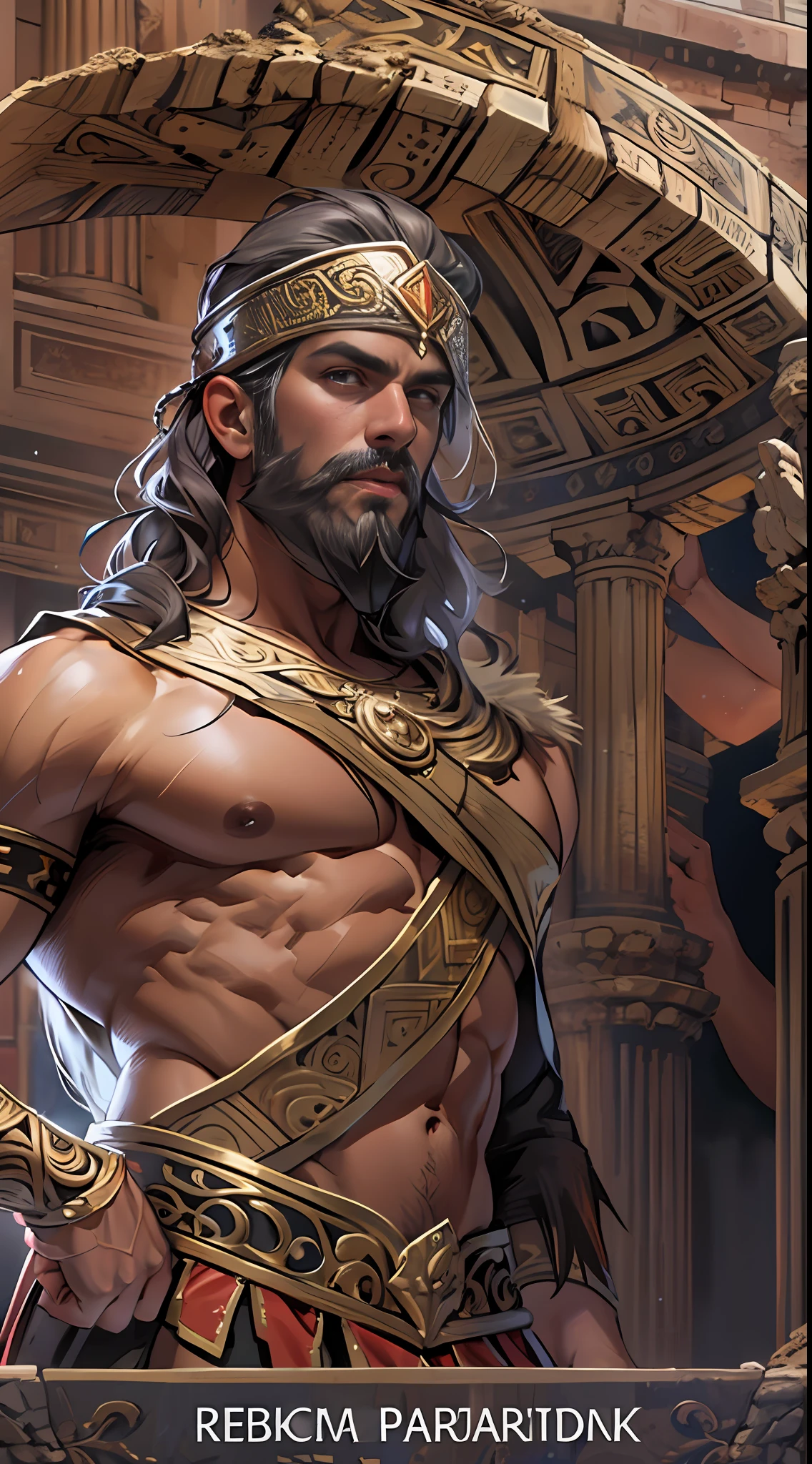 Muscular gladiator, upper body revealed, legs uncovered from thighs to feet, adorned with a beaded beard, flowing long curls, intricate muscular details, photorealistic artwork, 4K resolution. Background: Ancient Roman arena,32k uhd, best quality, masterpiece, super detail, high details