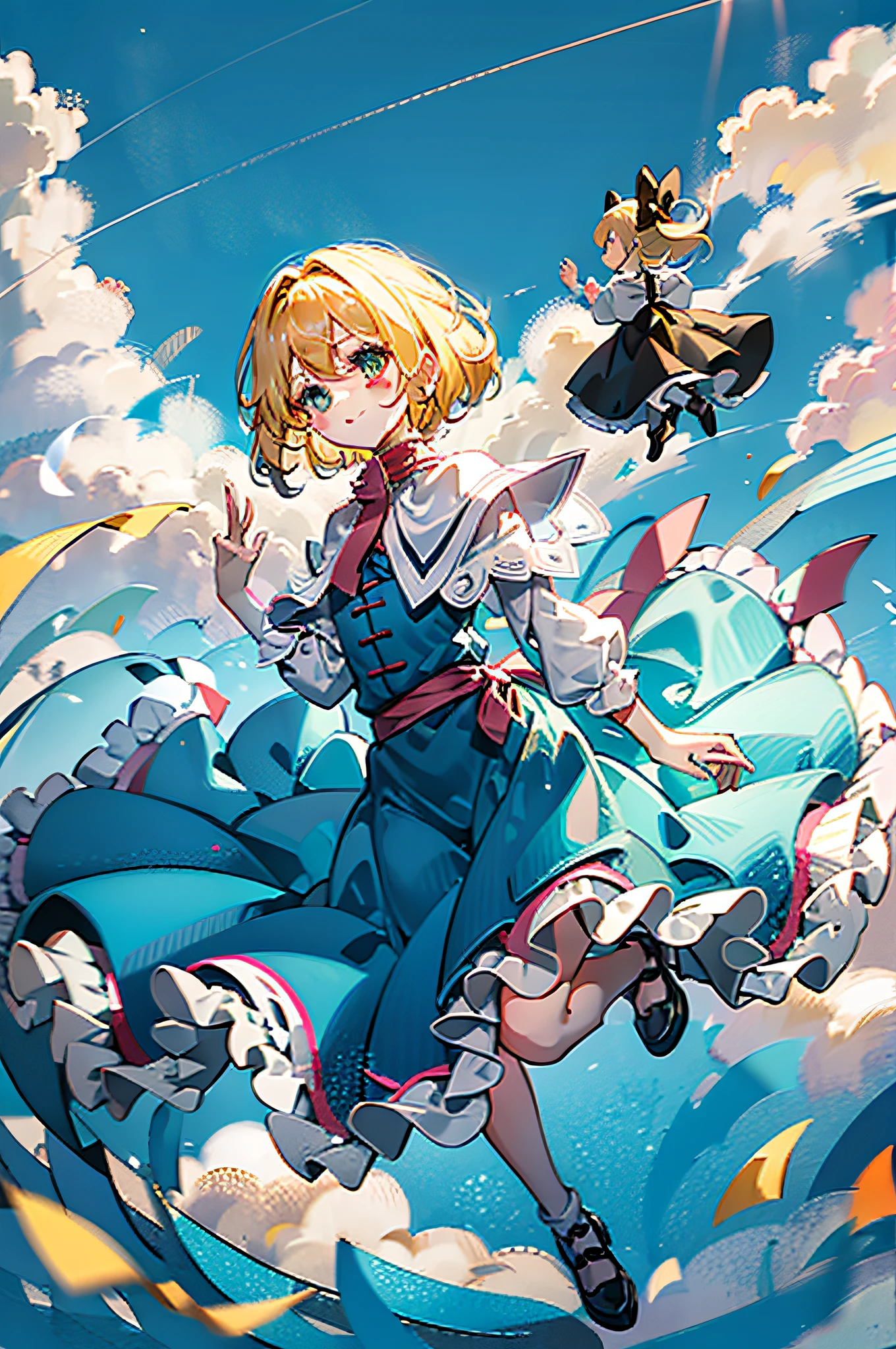 Alice of the Incredible Country Floating in the air Blue sky and white clouds Dressed in black silk Blonde hair 11-year-old cute young girl Floating next to three dolls Smiling Empty-handed Five fingers on each hand