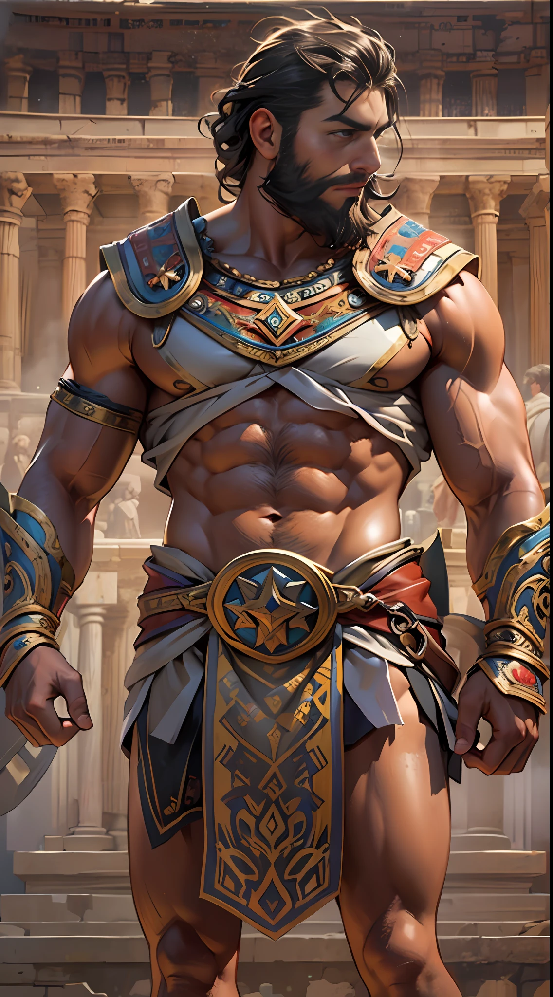 Muscular gladiator, upper body revealed, legs uncovered from thighs to feet, adorned with a beaded beard, flowing long curls, intricate muscular details, photorealistic artwork, 4K resolution. Background: Ancient Roman arena,32k uhd, best quality, masterpiece, super detail, high details