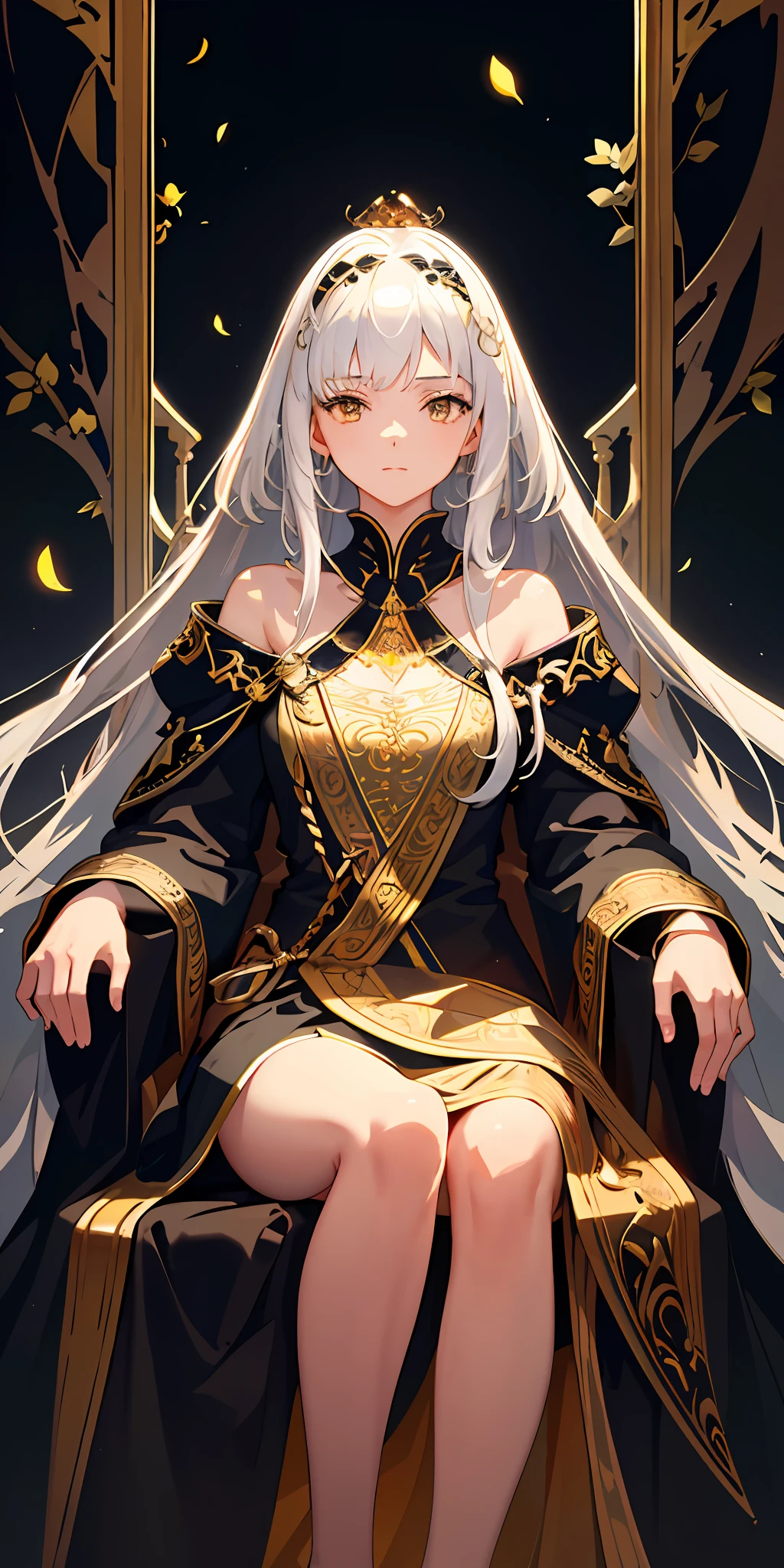 (Masterpiece:1.2), best quality, (illustration:1.2), (ultra-detailed), hyper details, (delicate detailed), (intricate details), (cinematic light, best quality Backlights), clear line, from below, soloist, perfect body, (1girl), white hair and yellow eyes, (emperor, black see-through clothes), (crown: 1.1), sitting on the throne, eyes slightly closed, head down, (shy: 1.2 ), (makeup), high contrast, (best illumination, an extremely create and beautiful), (cinematic light), colorful,