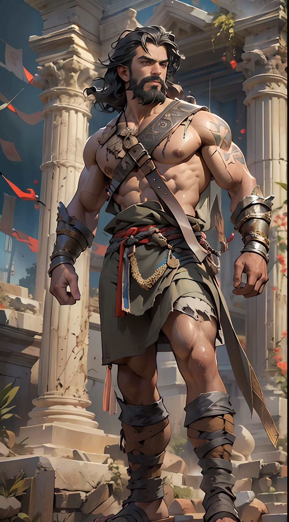 Sculpted hero, upper body uncovered, legs exposed from thighs to feet, bearded with beaded facial hair, luxuriant long curls, intricate muscularity, photorealistic portrayal, 4K resolution. Background: Epic battlefield with ancient ruins.,32k uhd, best quality, masterpiece, super detail, high details
