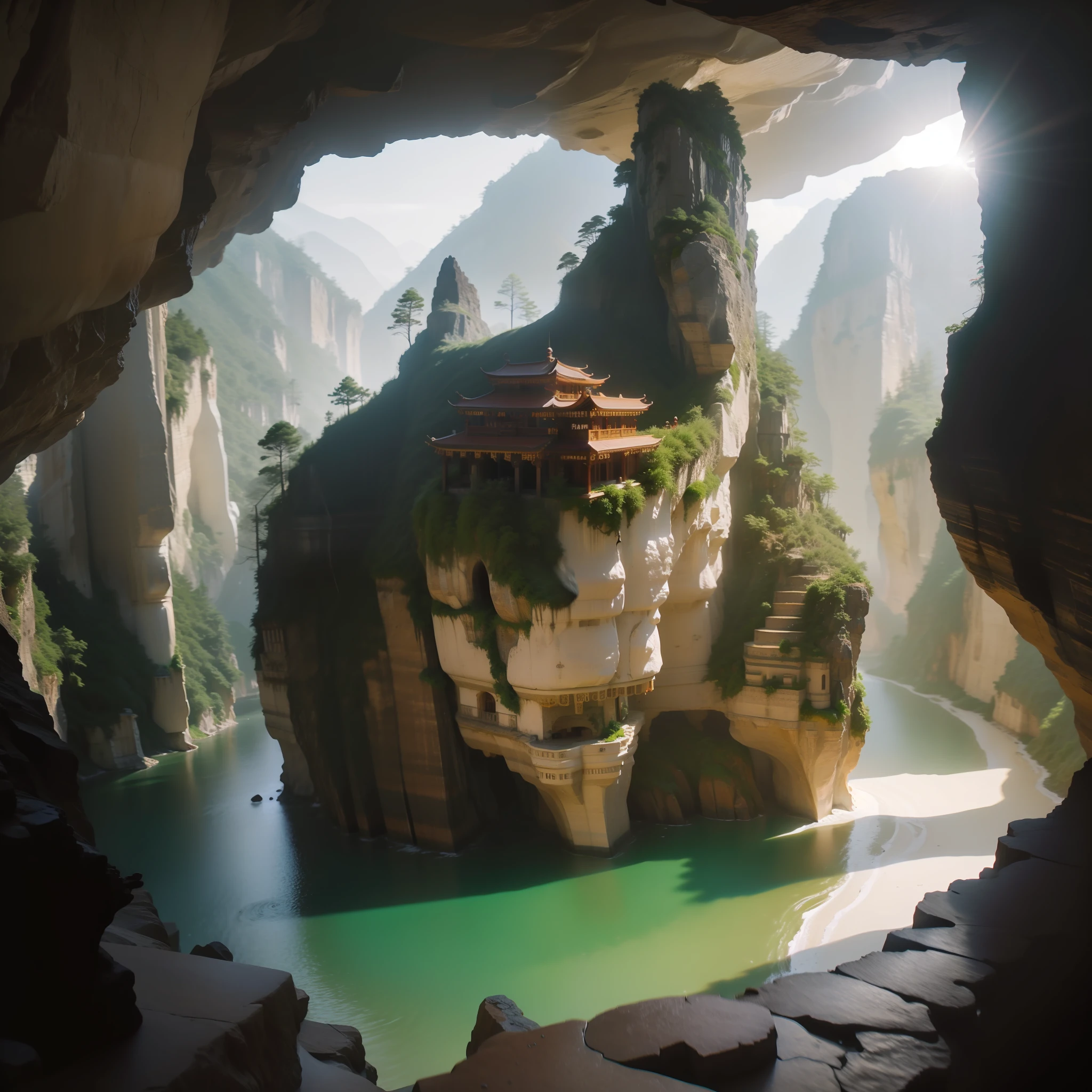 best qualtiy, tmasterpiece, A high resolution,8K,(realisticlying:1.4),超A high resolution,A cave carved into a cliff,Multi-storey Chinese building hidden in a cave,Super detailed architectural details,Hidden Chinese sects,and the sun was shining brightly,High mountains and flowing water