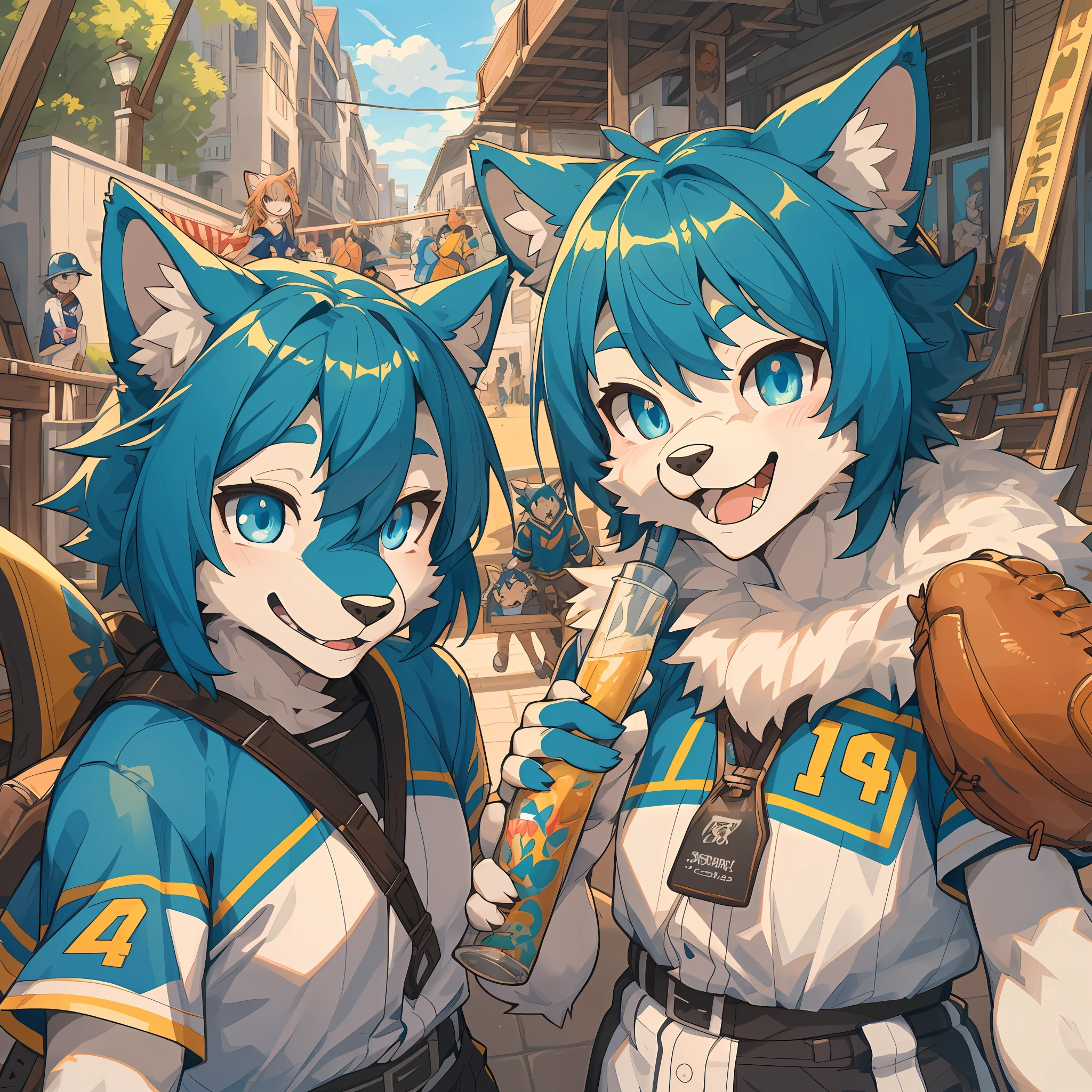top quality, best quality, High-quality illustrations, masterpiece, super high resolution, detailed background, detailed background, Watching Baseball, group shot, 6+boys, 6+girls, Happy, joyful, absurdres(highly detailed beautiful face and eyes)perfect anatomy(Photos taken with friends)(kemono, furry anthro),
