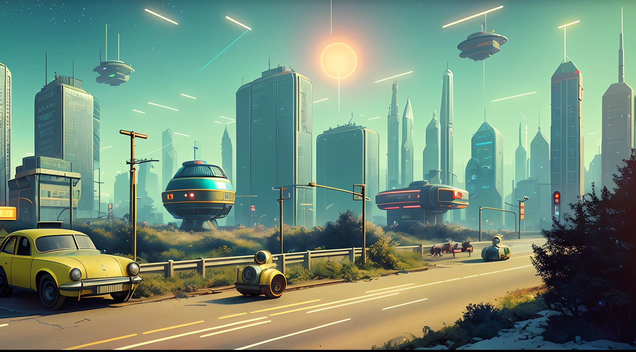 retro-futurism, Streets of the USSR, Utopian future, droid, Flying robots, Overgrown buildings, winter, (Starry night), Neon lights, 4K, the wallpaper,Science fiction,lighting,environment concept art & designs,Digital 3D,Character modeling,3D,Realistic,textured,.CGI,environment,((simon stålenhag)),conceito,environment concept art & Power amplifier design,sci-fy