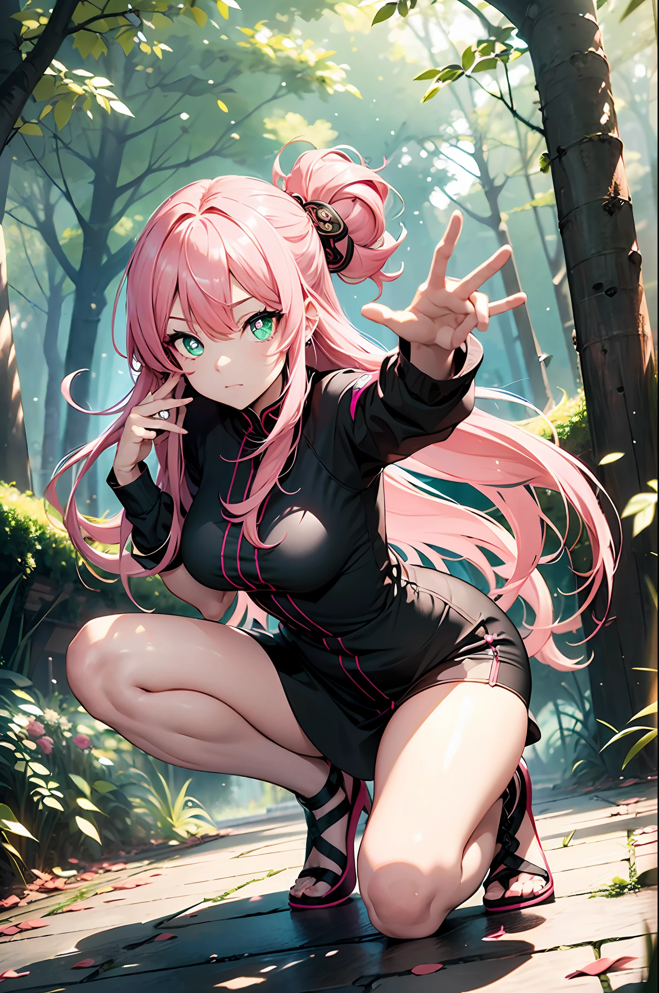 gossip, Qigong、kung-fu style、Kung Fu Action、Low posture、bless、BREAK(((masutepiece))),((ultra-detailliert,Best Quality)),fullllbody,Full body shot break(1 girl)((Pink hair, Long hair,Straight hair,two side up)) (Green eyes),eyeshadows, eye line,gloweyes, ultradetailed eyes, intricate eyes, Beautiful eyes, ((Glowing pink pupils))18-year-old girl.
