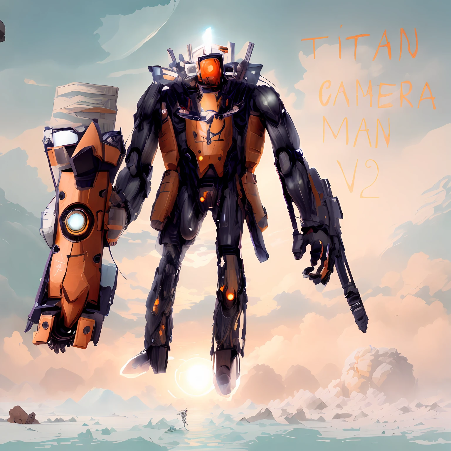 drawing of a robot with a camera and a camera man, as a titan, vitruvian mecha, as an ugly titan, greek god in mecha style, titan, masterpiece concept art, fan art, big titan creature in the center, "Erebos's Titan, humanoid form, official concept art, gollum as a titan, full body concept