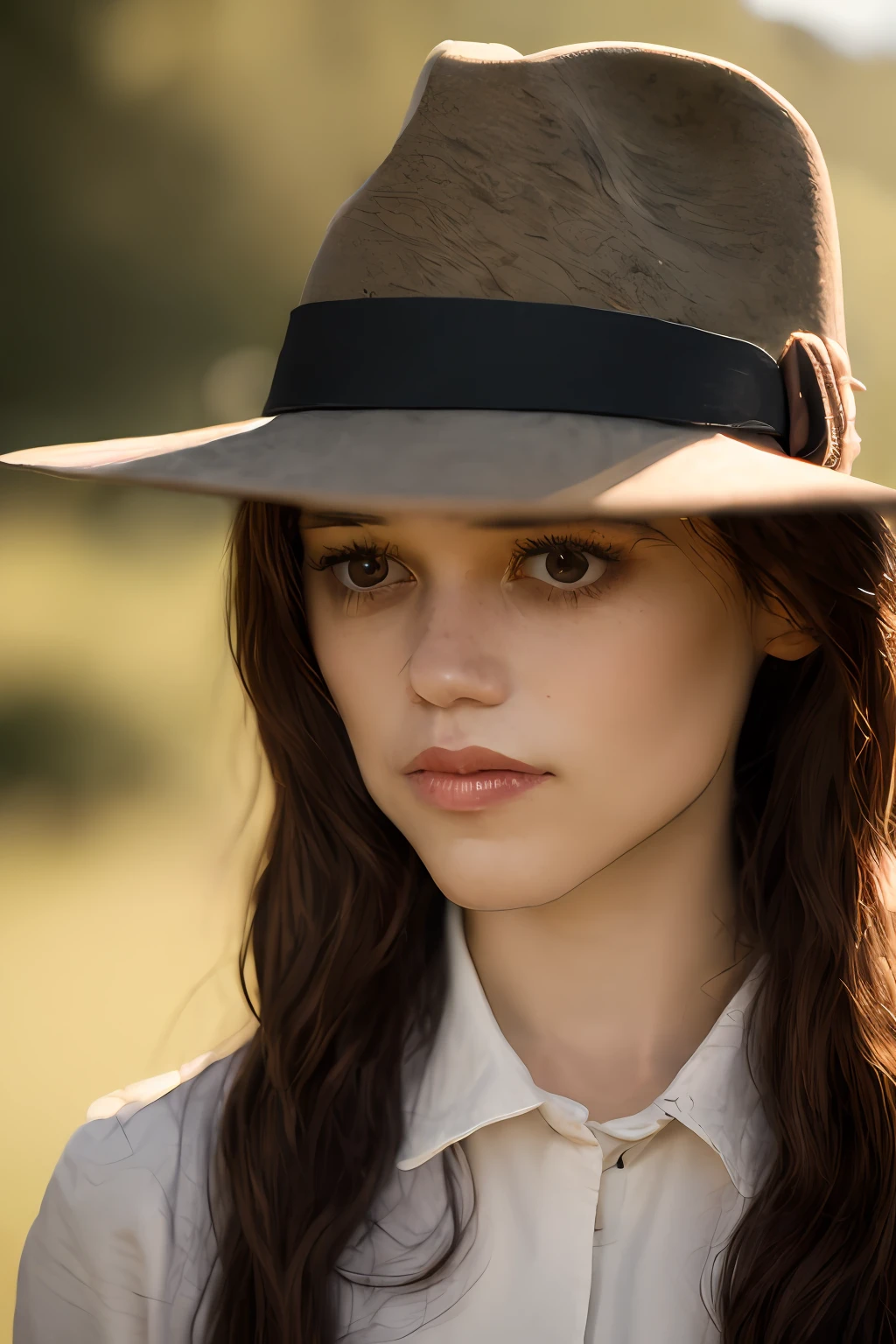 Portrait photo of Jenot wearing  (Fedora has:1.3), Outdoors, Nature, Soft sunlight, Sharp focus, Natural lighting, Subsurface scattering, F2, 35mm, filmgrain,