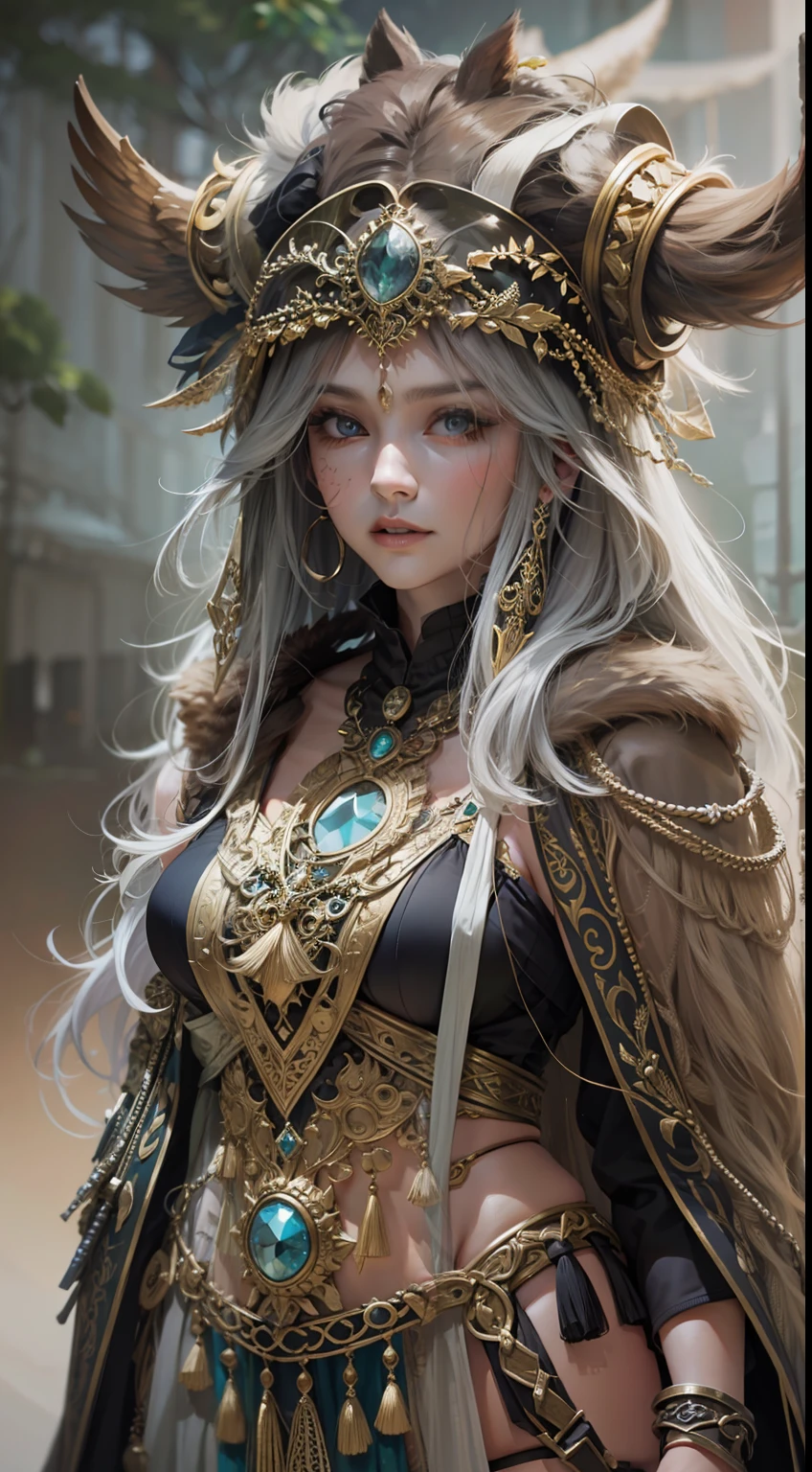 Beautiful woman in insanely intricate Celtic druid Outfit