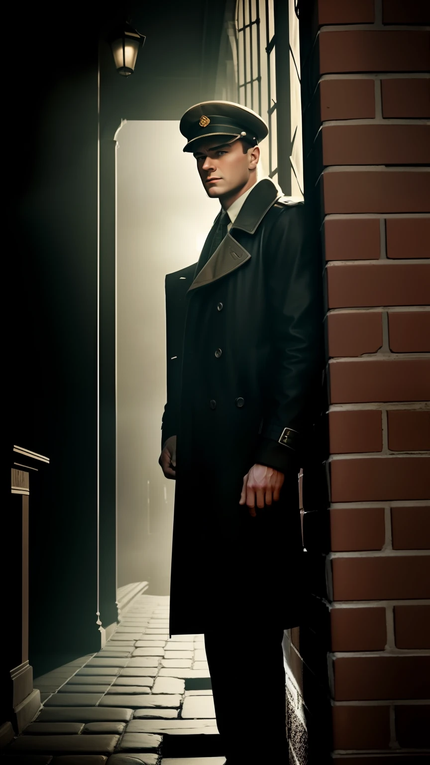 Stylish sandy shades and detail, Applying a filter "Retro", foggy atmosphere, Mysterious lighting. The protagonist is a man in a cap, standing in front of a brick wall. sena: 1950s. Union of Soviet Socialist Republics. crime, danger.