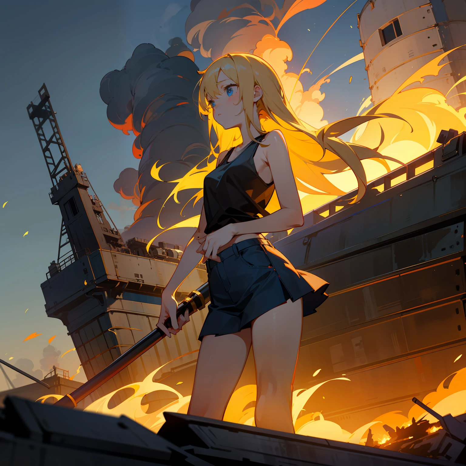 ​masterpiece, Top image quality, hight resolution, Beautiful blonde girl、女の子1人、Whole human body、Blue eyes、deadpan、Black tank top、jean skirt、semi long hair、is standing、showing butt、Shot a bazooka、by night、Naval port blown up in flames、Building in flames、Ship blasted into flames