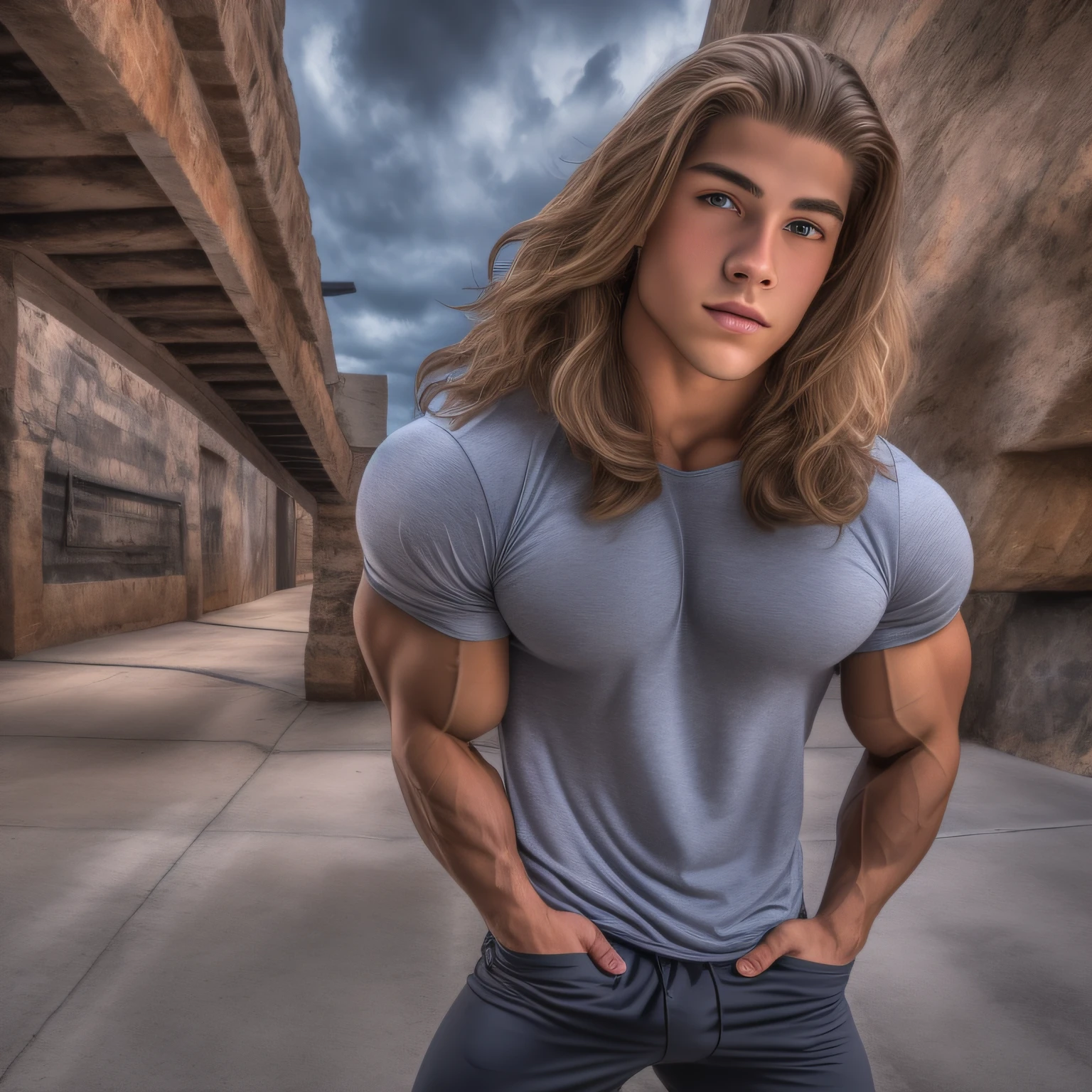 An 18-year-old boy bodybuilder, embodying the perfect fusion of Joey Lawrence and Cody Calafiore with long hair, exuding an aura of strength and confidence. Enhanced with HDR technology, this image depicts a true masterpiece, 4K resolution, flawlessly rendered anatomy, @profitnessphotos, Pro Fitness Photos
