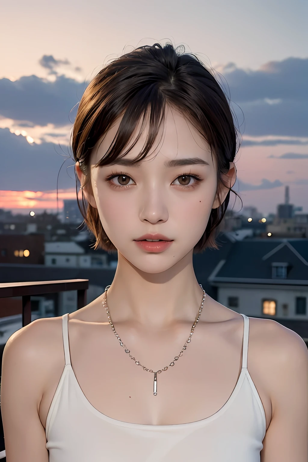 hightquality、masterpiece、超A high resolution、(realisitic:1.4)、(True skin texture:1.3)、Perfect beautiful adult woman、beautiful detailed eyes and face、Thin makeup、Small Smile、Light brown short-cut hair、Small necklace、sleeveless shirts、View from the rooftop at night、twilight townscape、