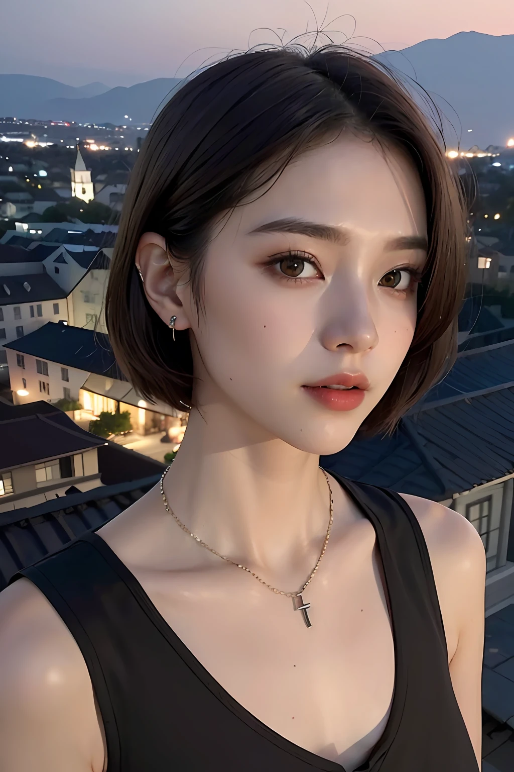 hightquality、masterpiece、超A high resolution、(realisitic:1.4)、(True skin texture:1.3)、Perfect beautiful adult woman、beautiful detailed eyes and face、Thin makeup、Small Smile、Light brown short-cut hair、Small necklace、sleeveless shirts、View from the rooftop at night、twilight townscape、
