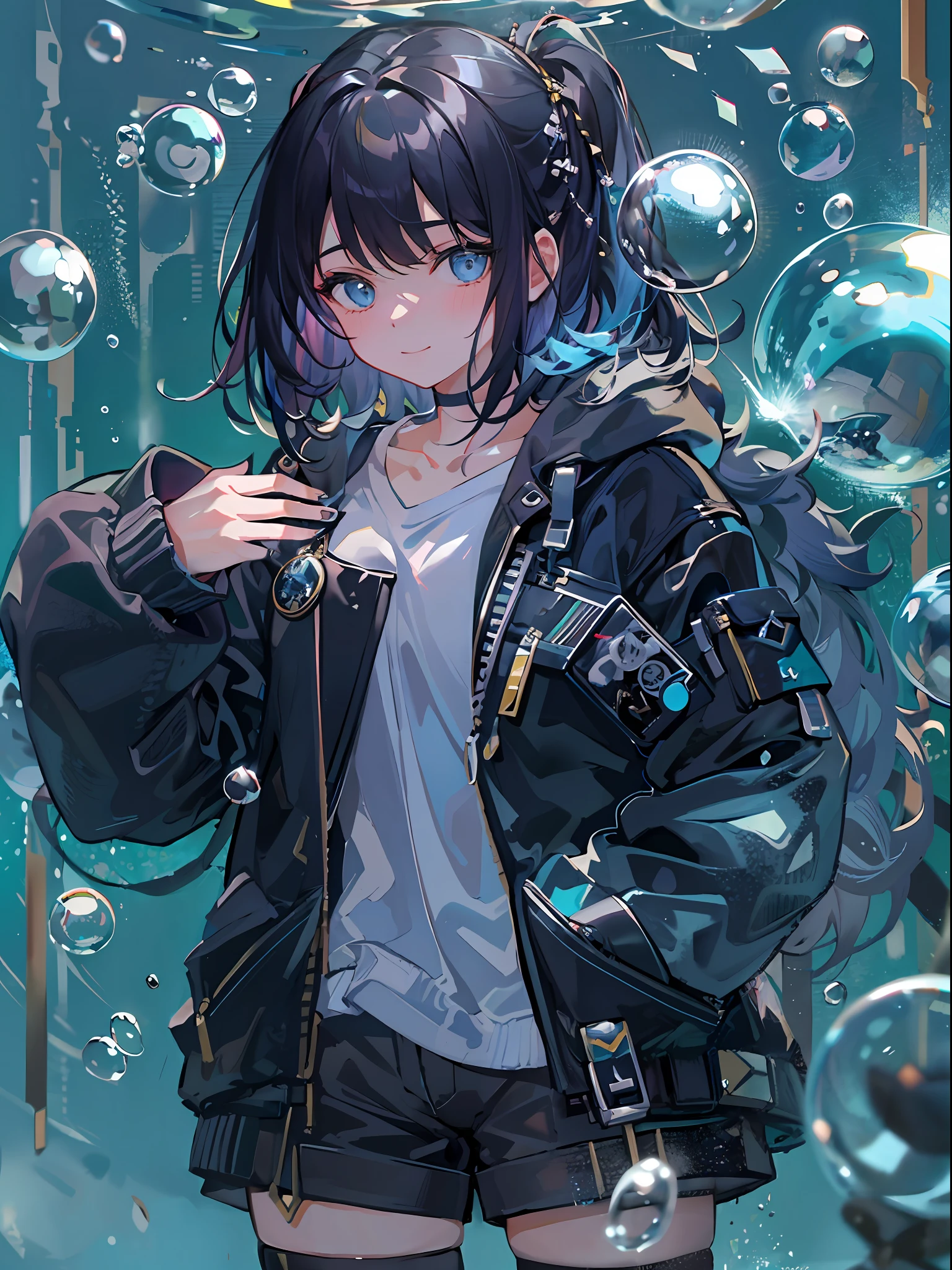 ((top-quality)), ((masterpiece)), ((ultra-detailliert)), (extremely delicate and beautiful), girl with, 独奏, cold attitude,((Black jacket)),She is very(relax)with the(Settled down)Looks,A dark-haired, depth of fields,evil smile,Bubble, under the water, Air bubble,bright light blue eyes,Inner color with black hair and light blue tips,Cold background,Bob Hair - Linear Art, shortpants、knee high socks、Camisole inner shirt、Hands in pockets
