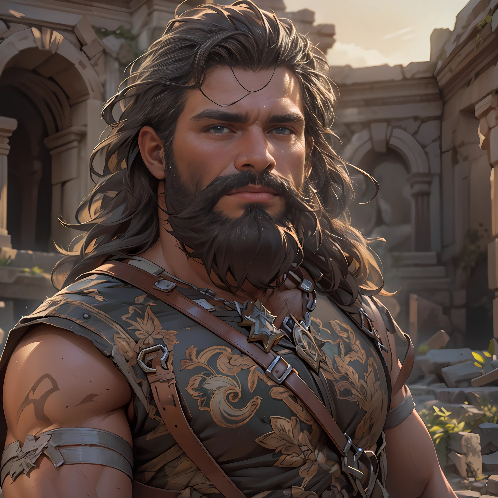 Sculpted hero, upper body uncovered, legs exposed from thighs to feet, bearded with beaded facial hair, luxuriant long curls, intricate muscularity, photorealistic portrayal, 4K resolution. Background: Epic battlefield with ancient ruins.,32k uhd, best quality, masterpiece, super detail, high details